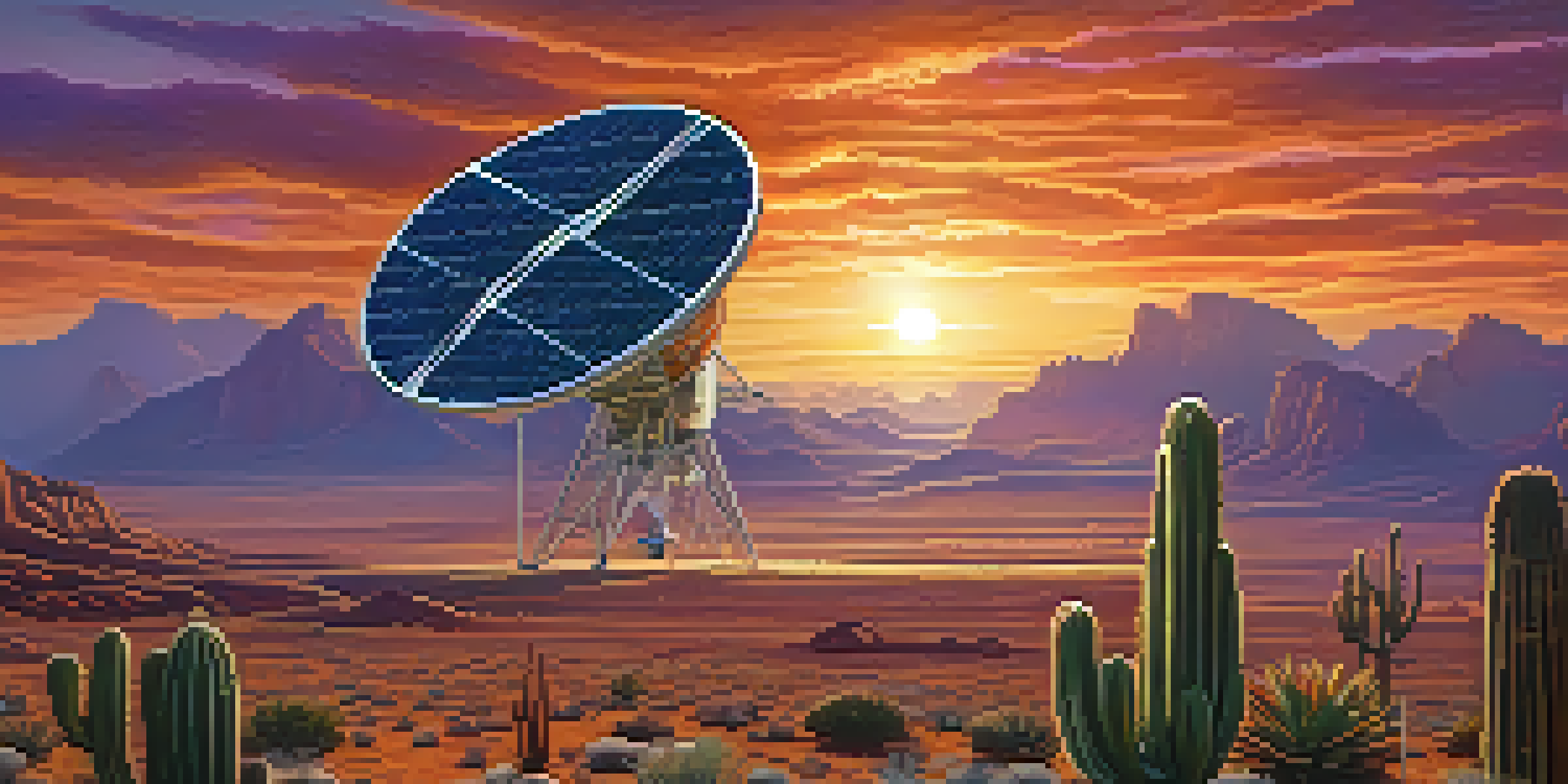 A high-tech satellite in the sky above the Arizona desert during sunset, with solar panels and antennas visible.