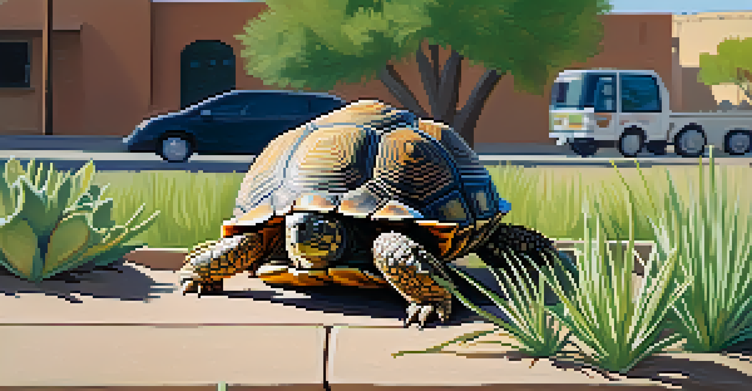 A close-up of a desert tortoise in an urban green space surrounded by buildings, showcasing a blend of nature and city life.
