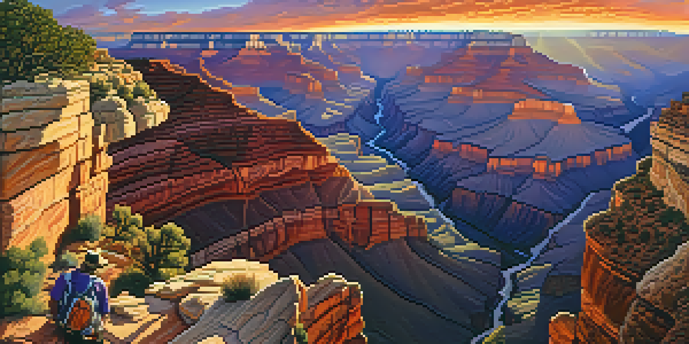 A breathtaking sunset over the Grand Canyon, with hikers on the Rim Trail and colorful clouds in the sky.