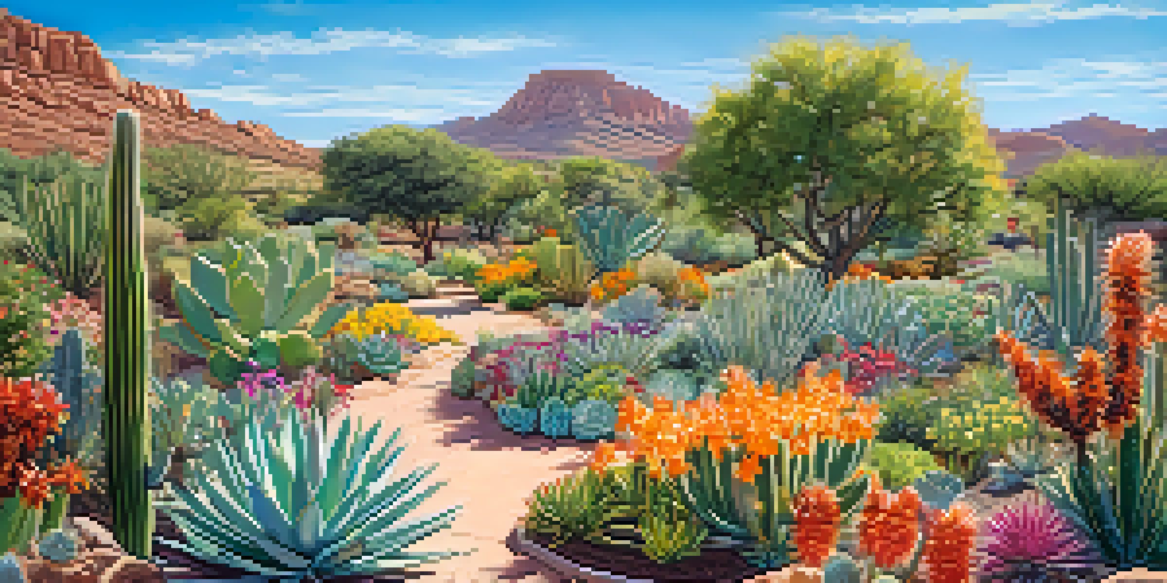 A colorful botanical garden in Arizona with native plants, flowers, and cacti under a clear blue sky, attracting pollinators like bees and butterflies.