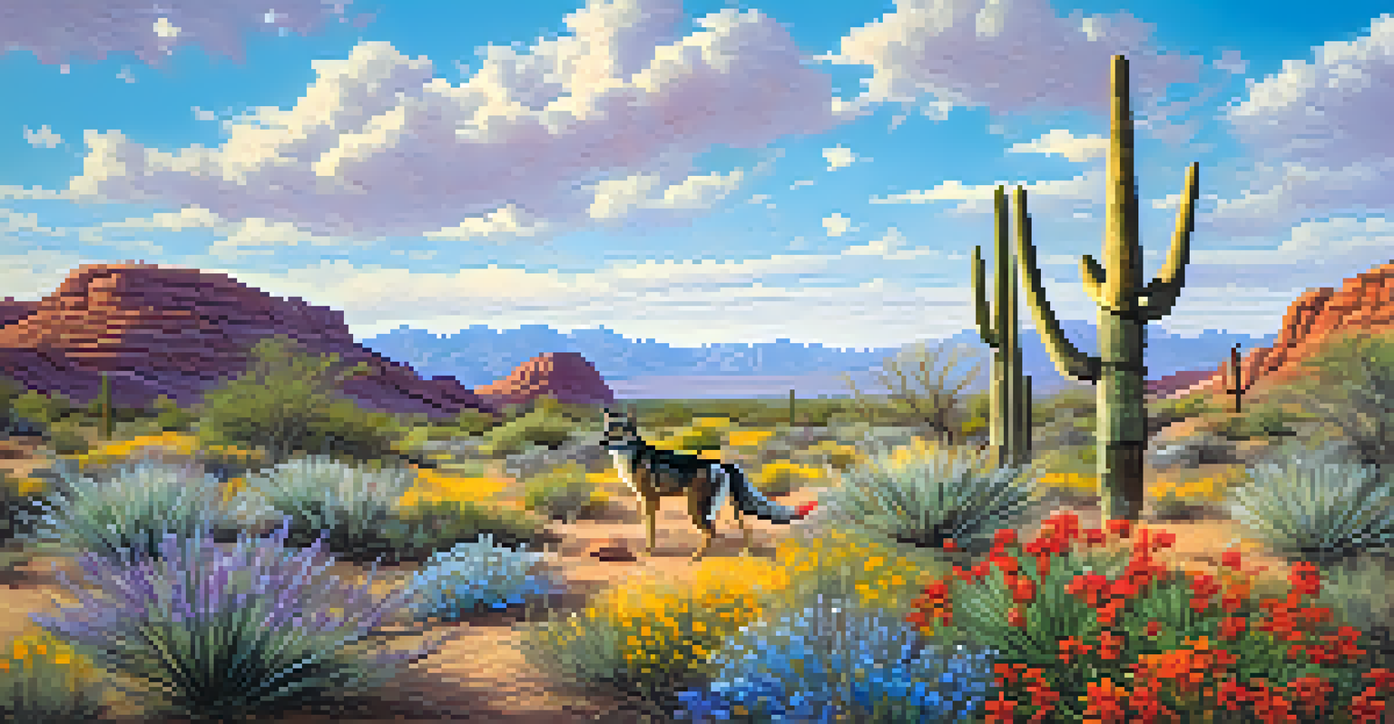 A colorful spring scene in the Sonoran Desert with blooming flowers and songbirds in a bright blue sky.