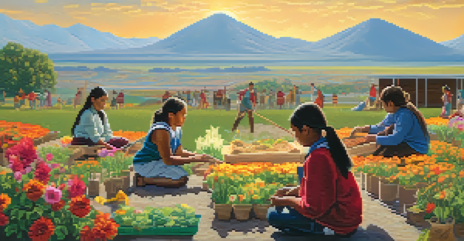 Students learning about agriculture in an outdoor classroom on a Native American reservation, planting seeds in a vibrant garden.