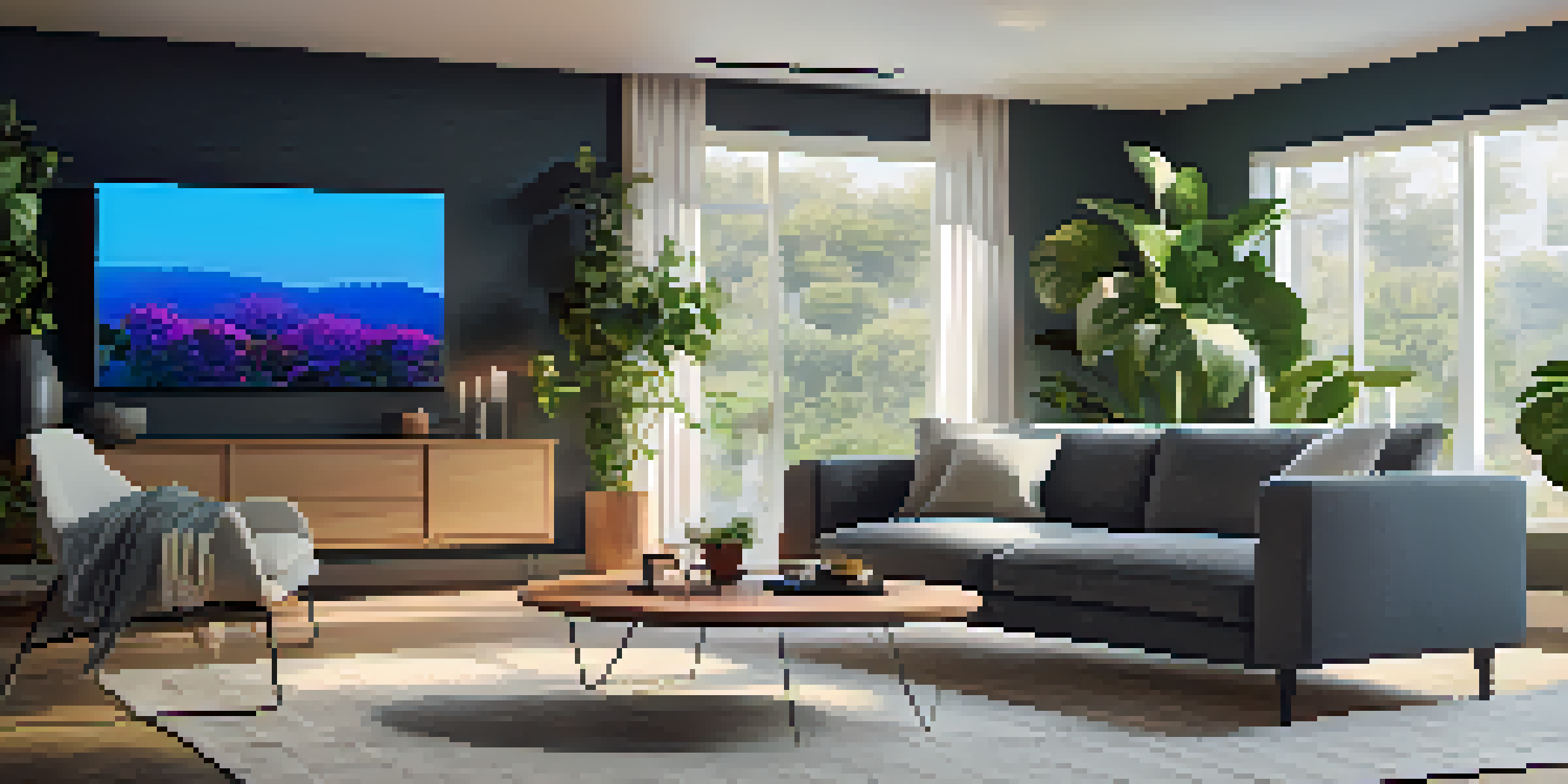 A modern living room with a smart thermostat, bright natural light, and contemporary furniture.