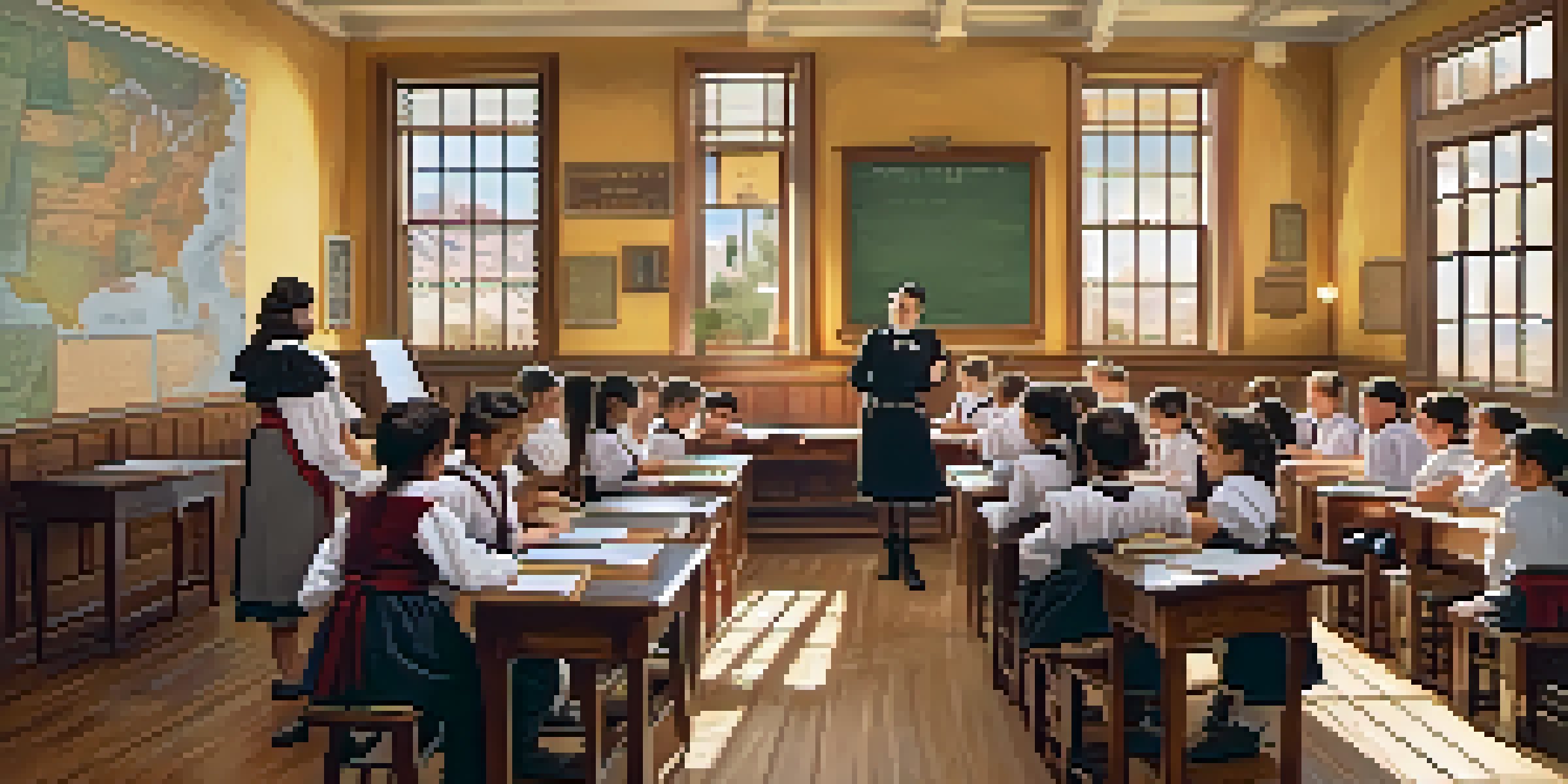 A historic classroom from the 19th century in Arizona, with a teacher and children, wooden desks, and sunlight filtering through the windows.