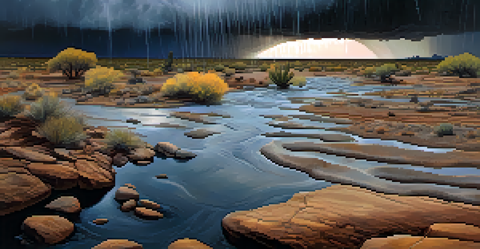 A desert landscape during a rainstorm, showing dark clouds and a transformed riverbed with flowing water, symbolizing renewal.