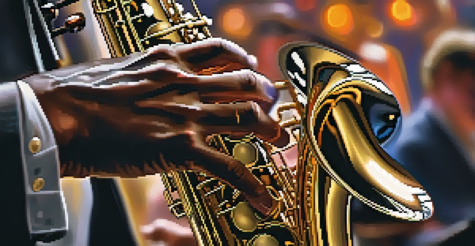 A close-up of a jazz musician playing a saxophone, capturing the details of the instrument and the musician's concentration.