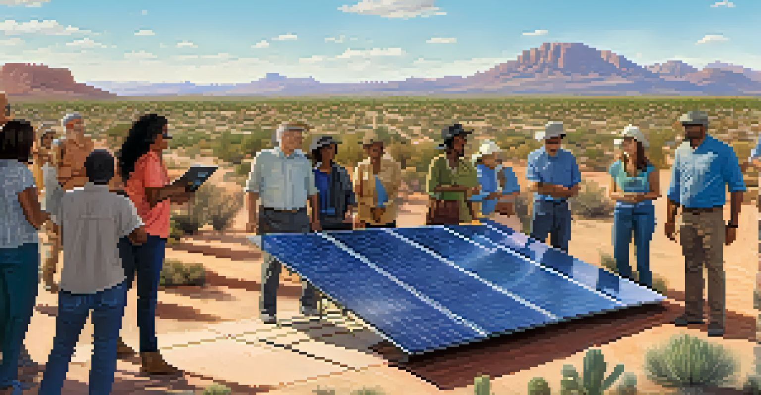 A group of diverse people collaborating around a community solar array in the Arizona desert.
