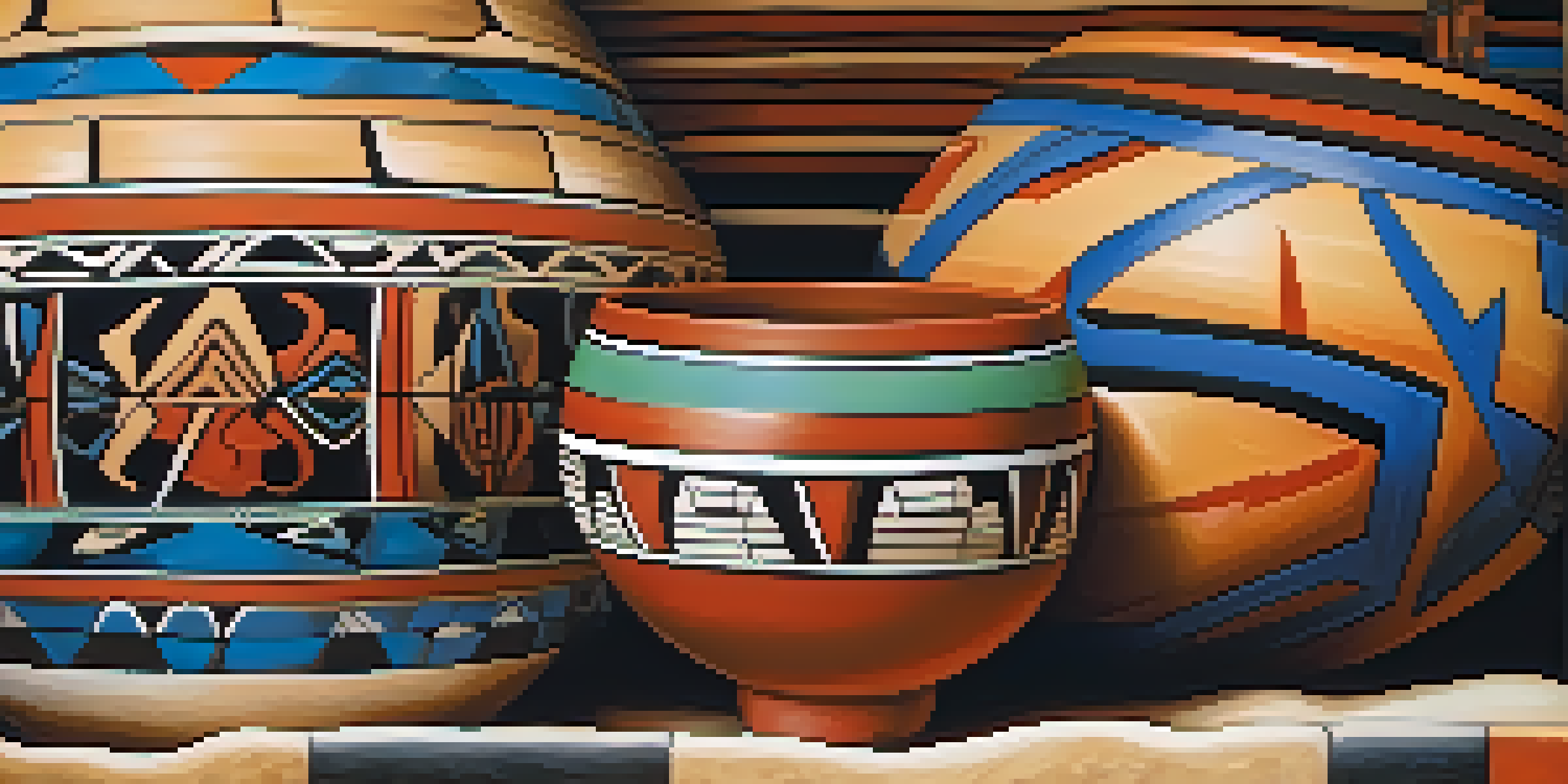 A close-up of colorful Hopi pottery with intricate patterns against a natural background.