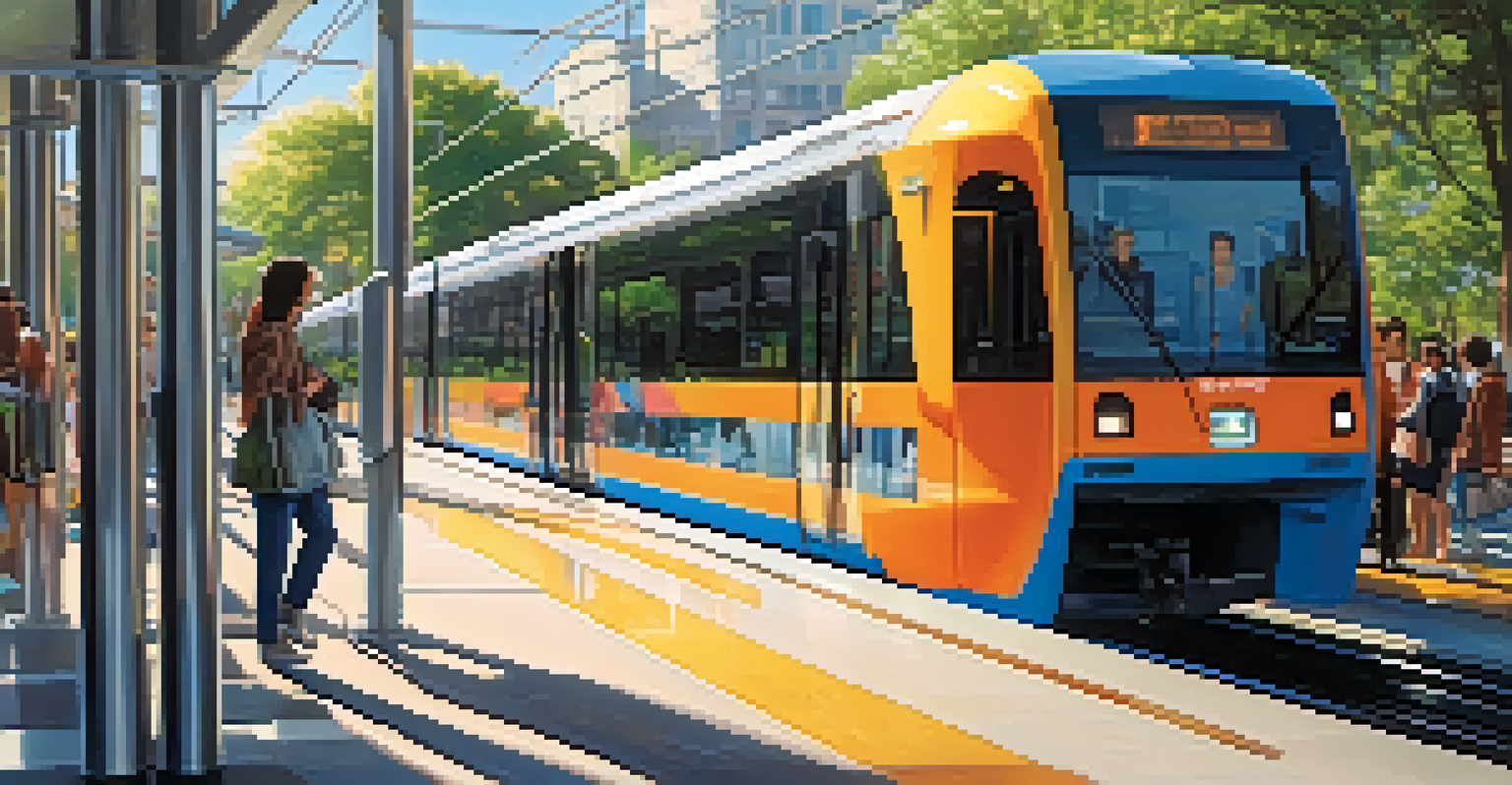 A close-up of a light rail train at a station with passengers boarding and local artwork.