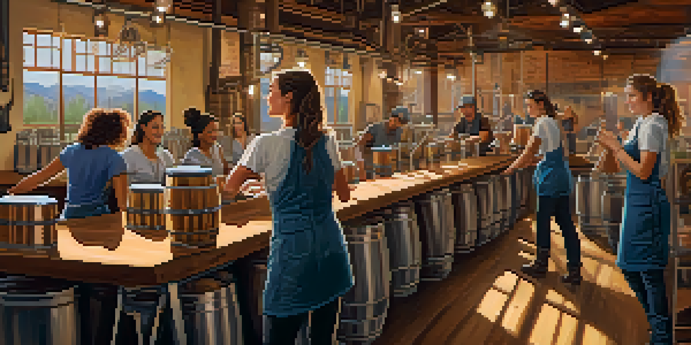A diverse group of women brewers in a warm, inviting brewery, working together with brewing equipment and ingredients.