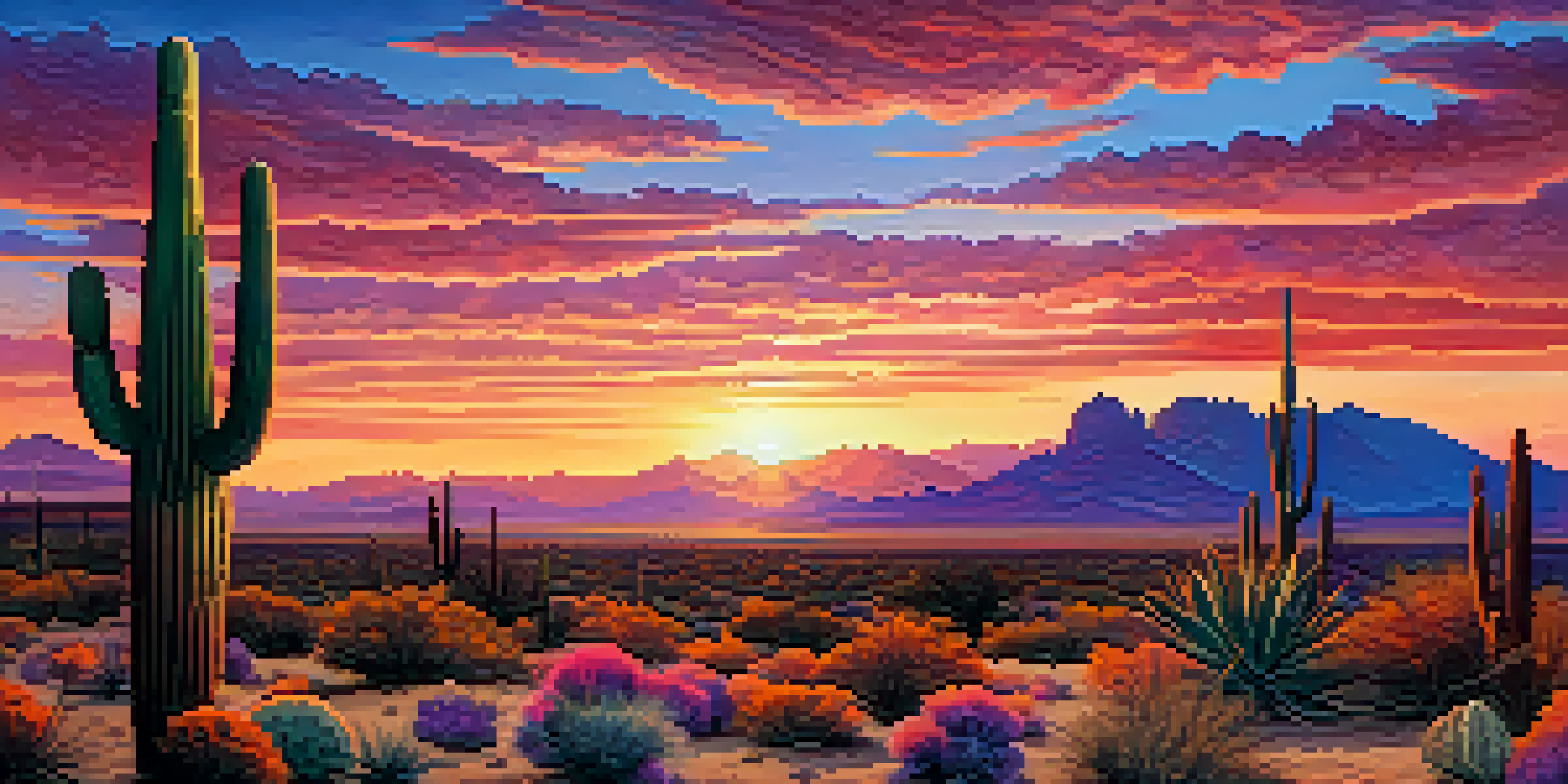 A scenic sunset view over Arizona's desert with cacti and mountains under a colorful sky.