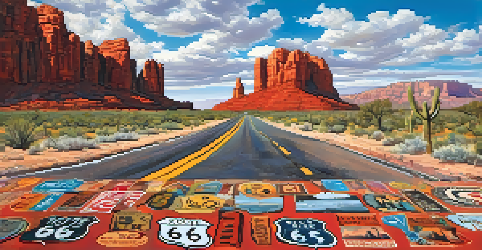 A close-up of a weathered Route 66 sign in front of red rock formations.