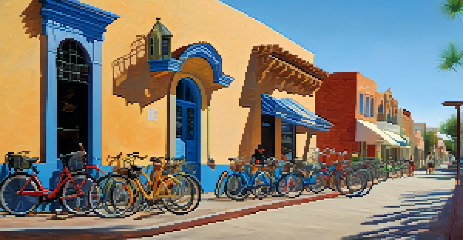 A street in Tucson filled with bike-sharing bicycles, pedestrians, and historic buildings under a clear sky, with an artist painting a mural.