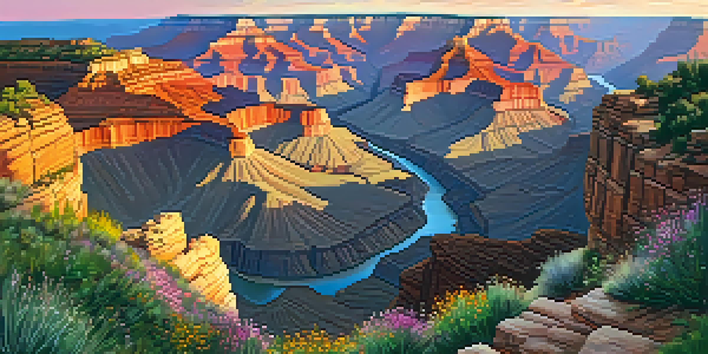 A breathtaking view of the Grand Canyon at sunrise, with colorful sky reflections on the canyon walls and a winding path leading to the edge.