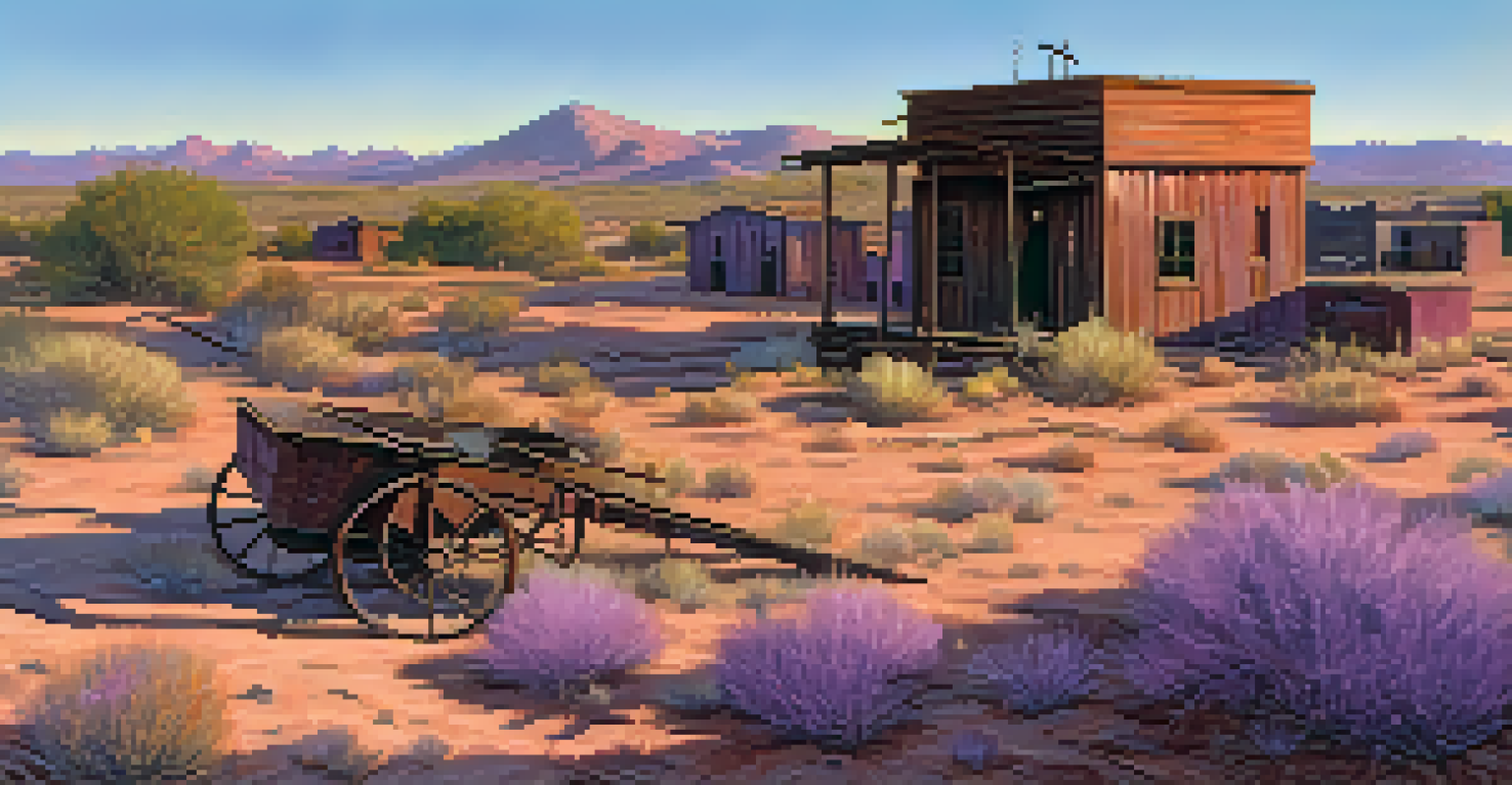 A serene ghost town in Arizona with abandoned buildings and a rusty mining cart at twilight, surrounded by overgrown vegetation.