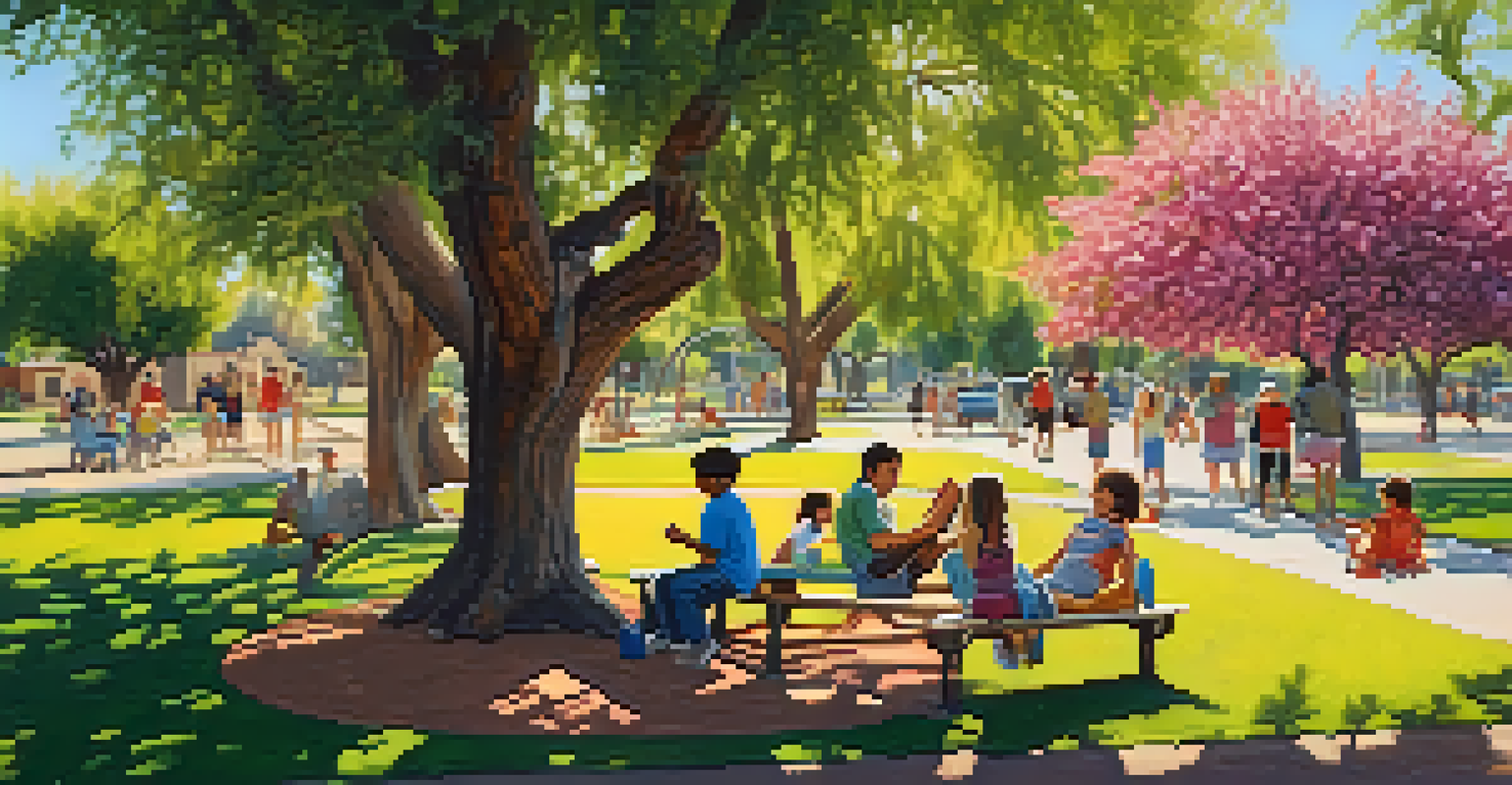 A community park in Tucson, Arizona, with families enjoying outdoor activities and blooming flowers.