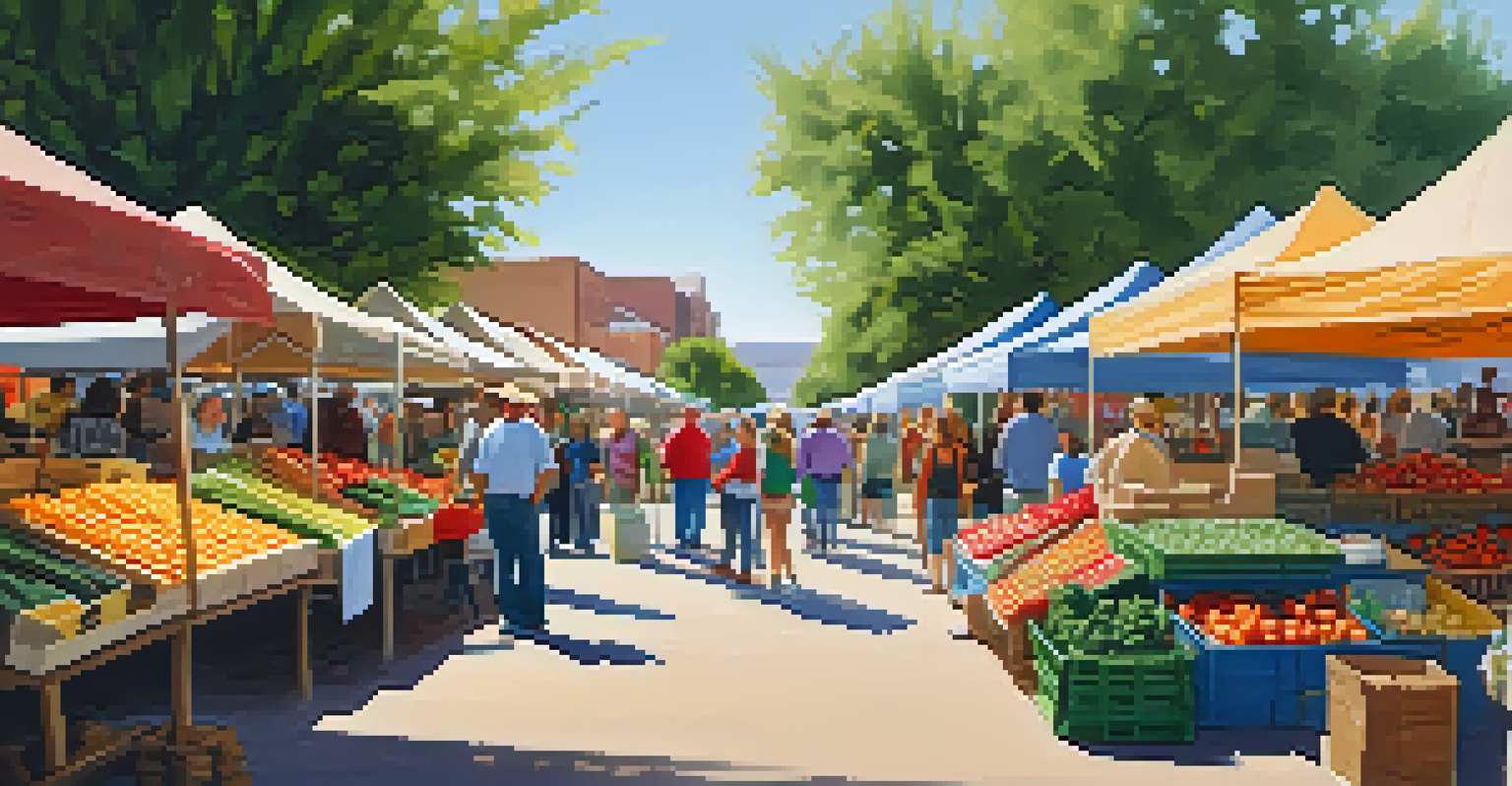 A lively Arizona farmers market with colorful produce and local goods, where people explore the stalls under bright sunlight.