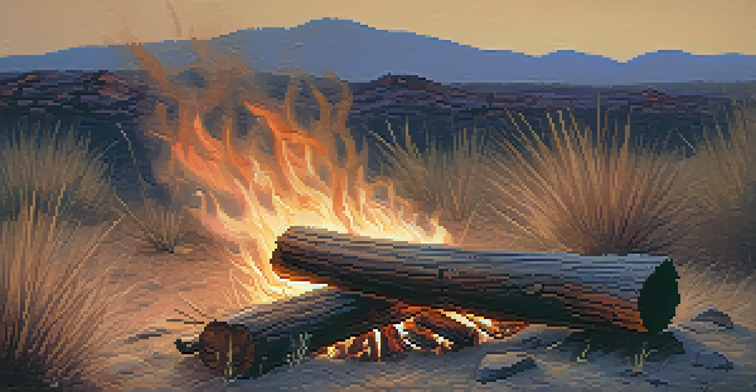 A close-up view of a campfire with glowing embers and dry grass around it, illustrating the potential fire hazard in Arizona.