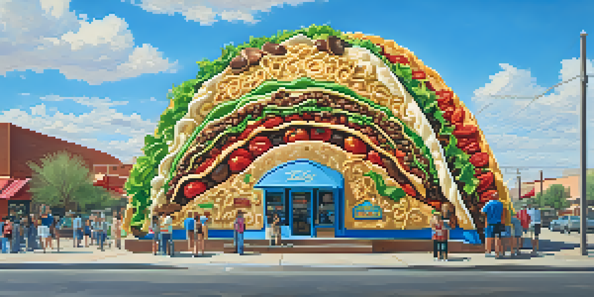 A giant taco sculpture in Tucson with tourists taking photos nearby.