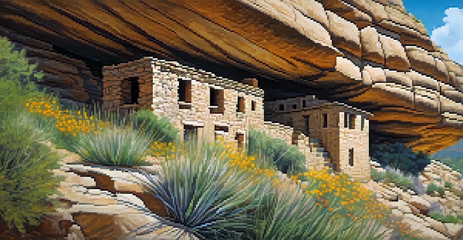 A close-up view of an ancient cliff dwelling made of stone and adobe, with blooming wildflowers in the foreground.