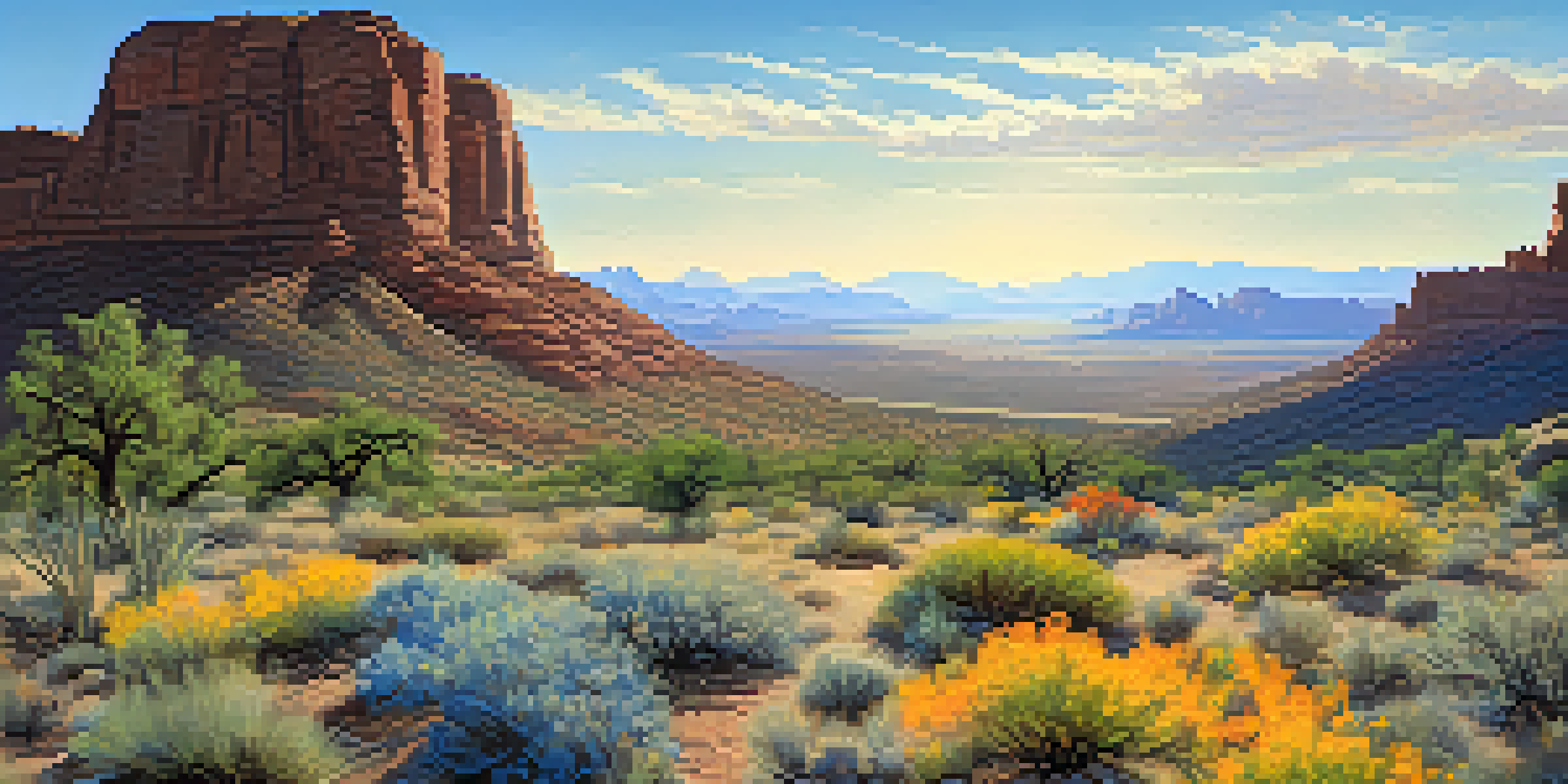 A wide landscape of Arizona showing desert, forests, and mountains with colorful wildflowers in the foreground and smoke from a controlled burn in the distance.