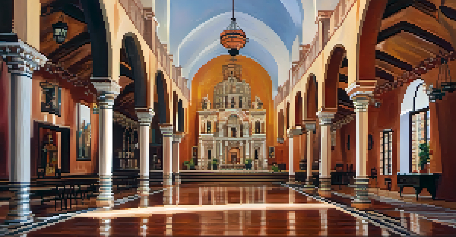 An interior shot of Mission San Xavier del Bac, showcasing detailed artwork with warm lighting and a visitor admiring it.