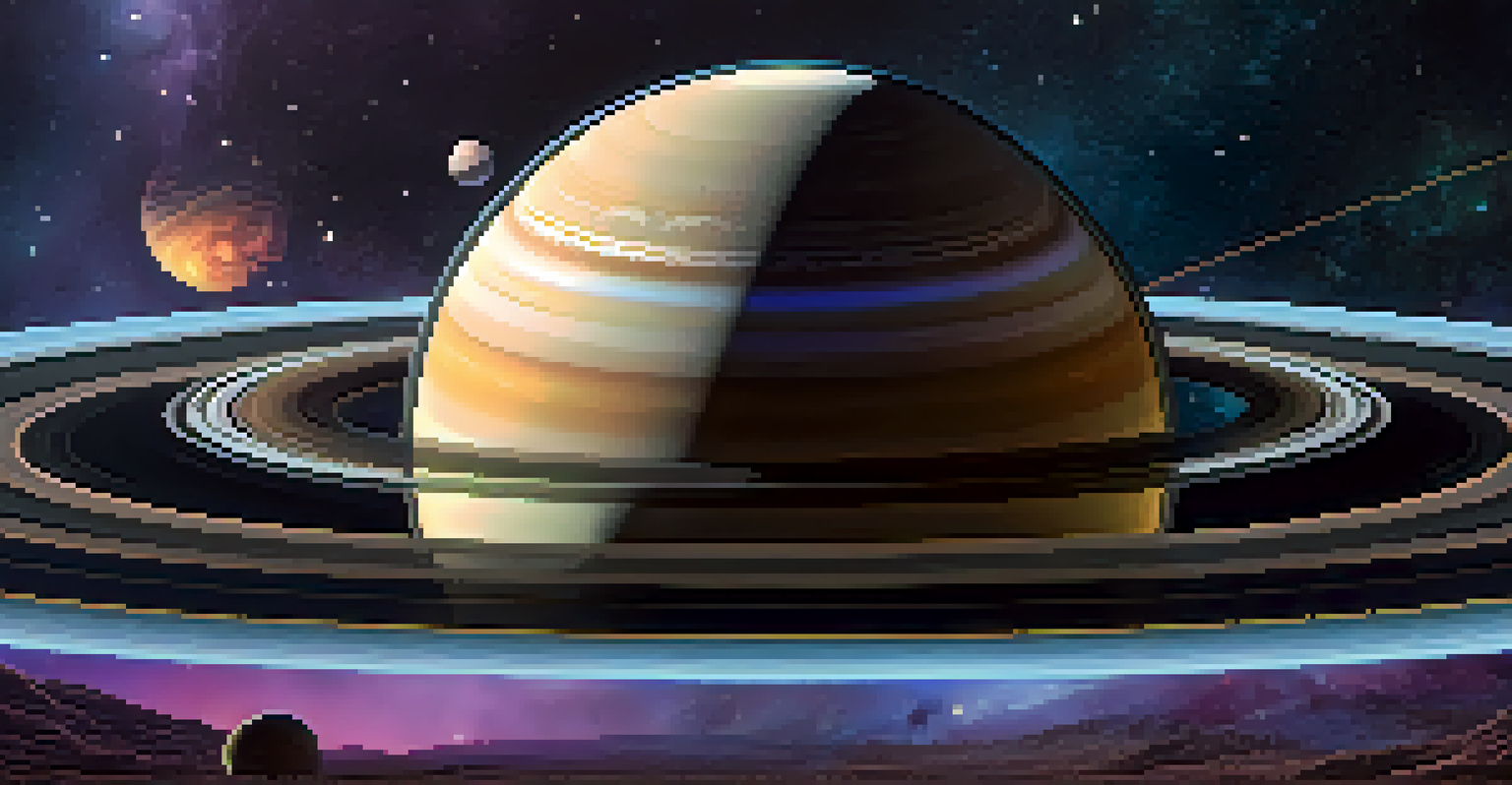 A photo-realistic illustration of Saturn with its colorful rings, set against a starry space background.