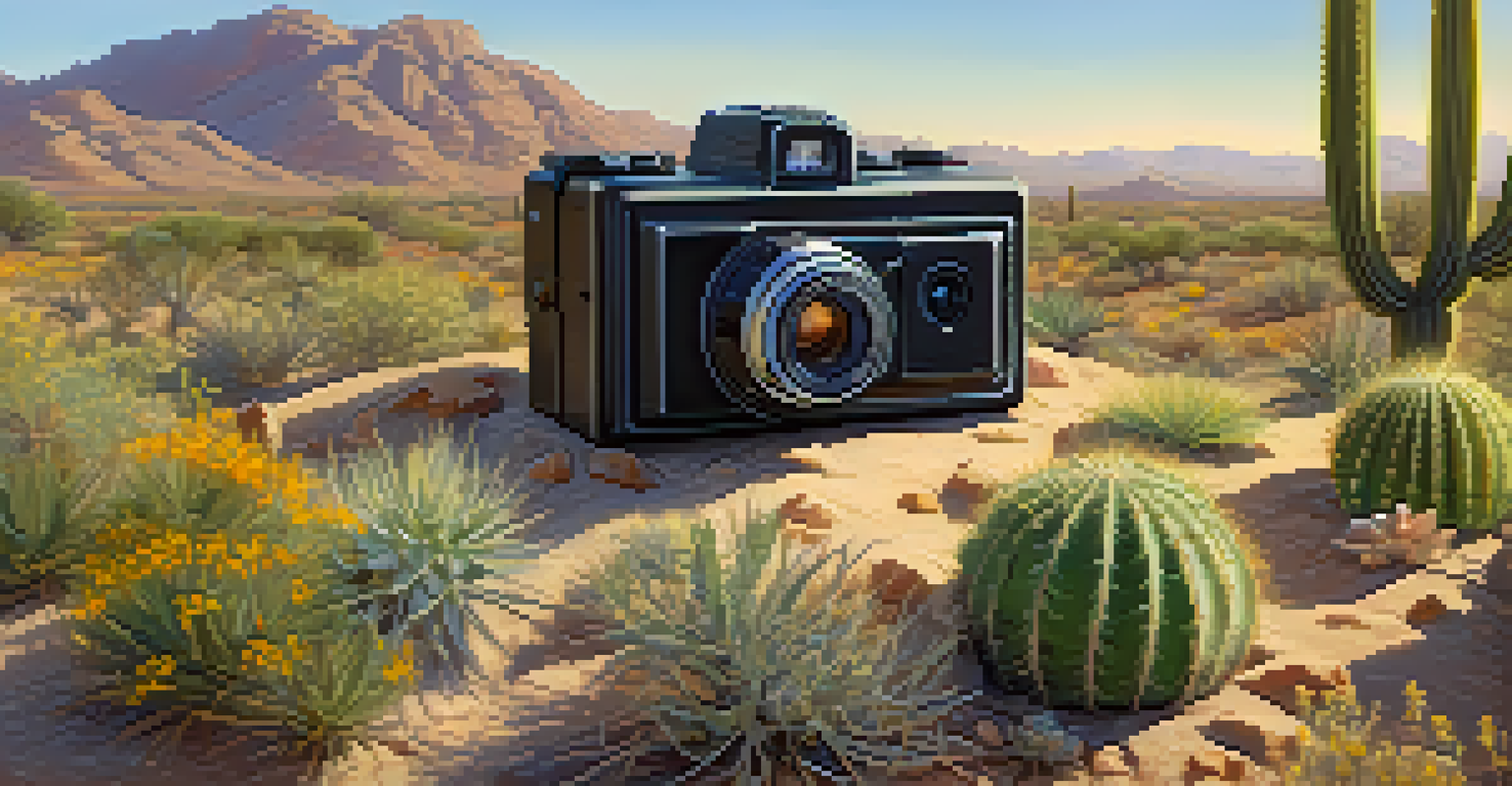 A close-up of a camera trap surrounded by desert plants, capturing the natural environment.