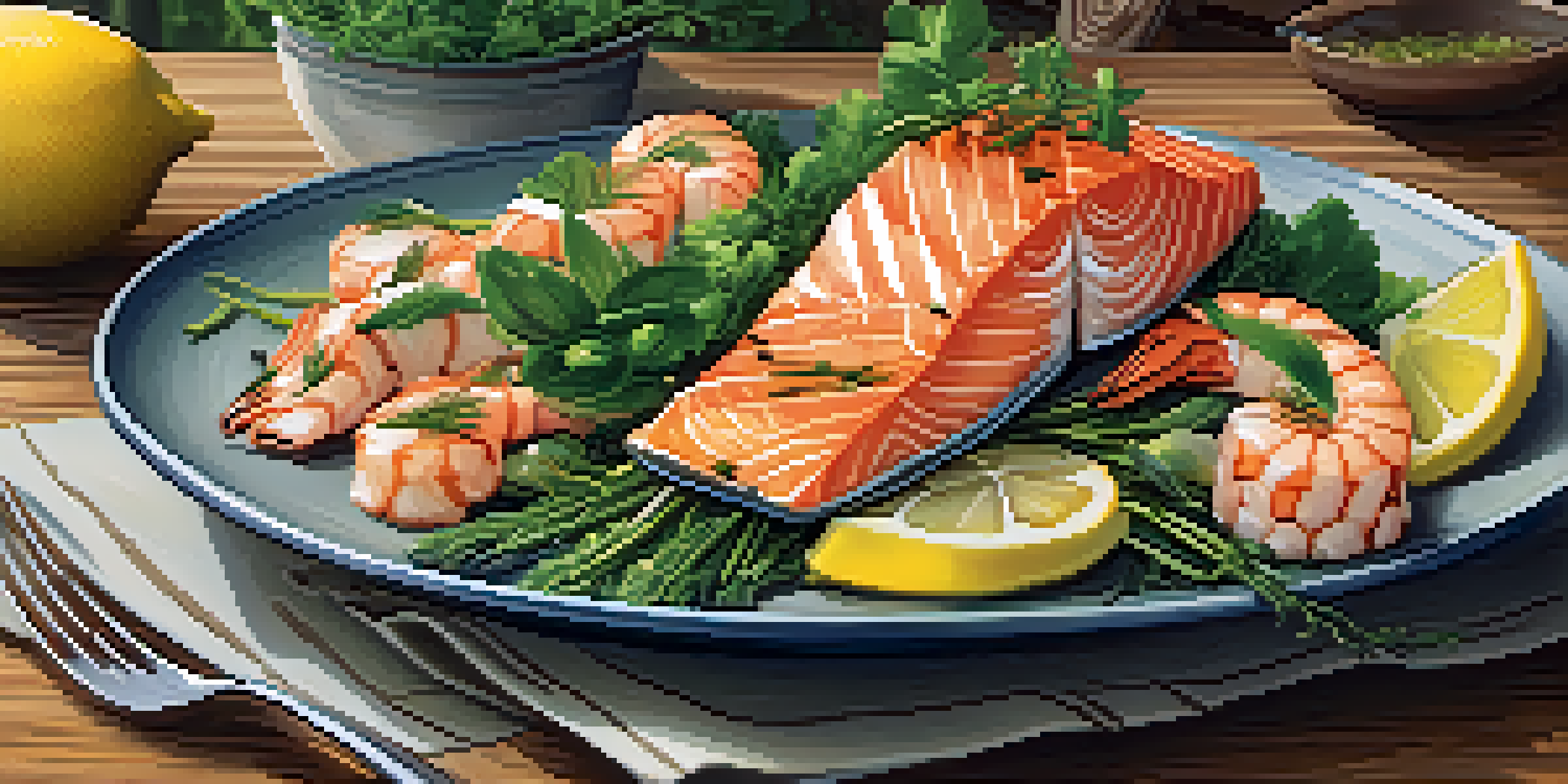 A colorful plate of sustainable seafood with grilled salmon, shrimp, and greens on a wooden table illuminated by natural sunlight.