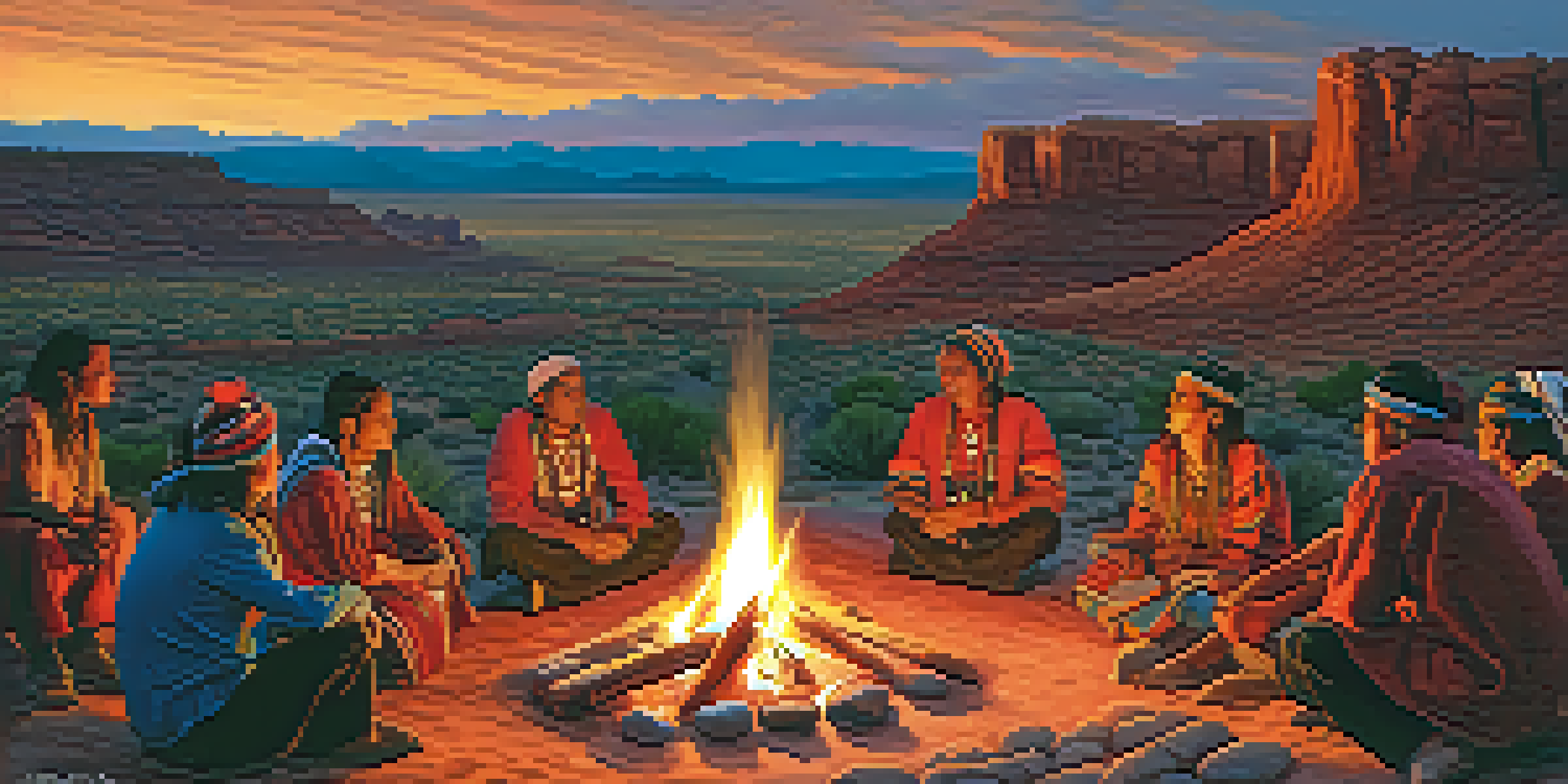A Navajo cultural gathering with people in traditional attire storytelling around a bonfire at sunset, surrounded by colorful blankets and pottery in a beautiful Southwestern landscape.