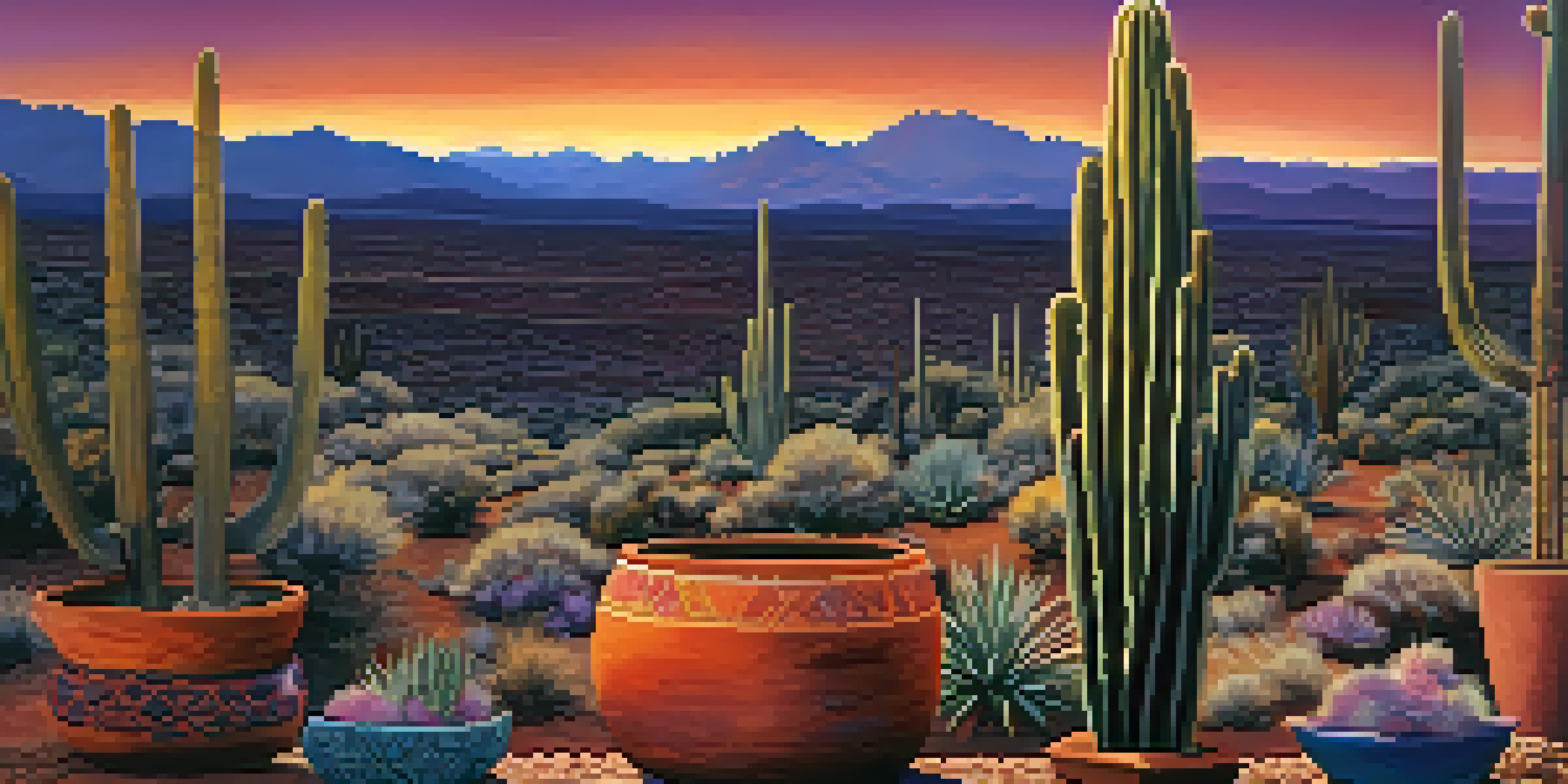 A sunset over Arizona's desert, featuring traditional Indigenous pottery and native plants in the foreground.