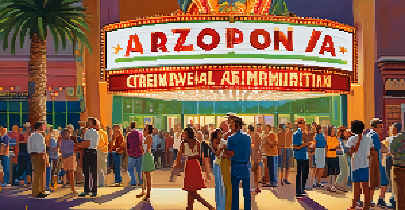 A lively film festival scene in Arizona with diverse attendees outside a historic theater.