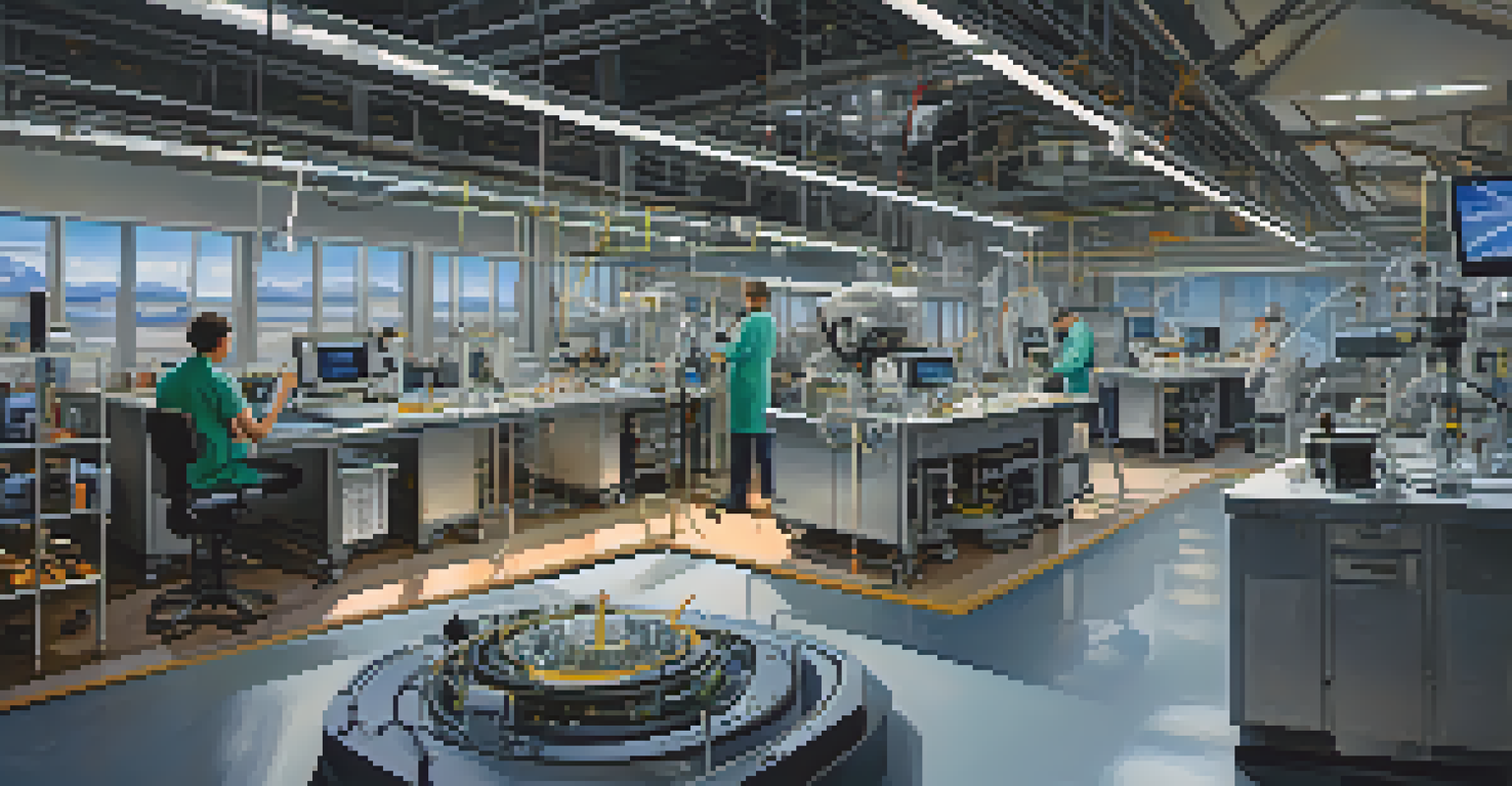 Engineers collaborating in a lab with high-tech aerospace instruments and satellite models on a workbench.
