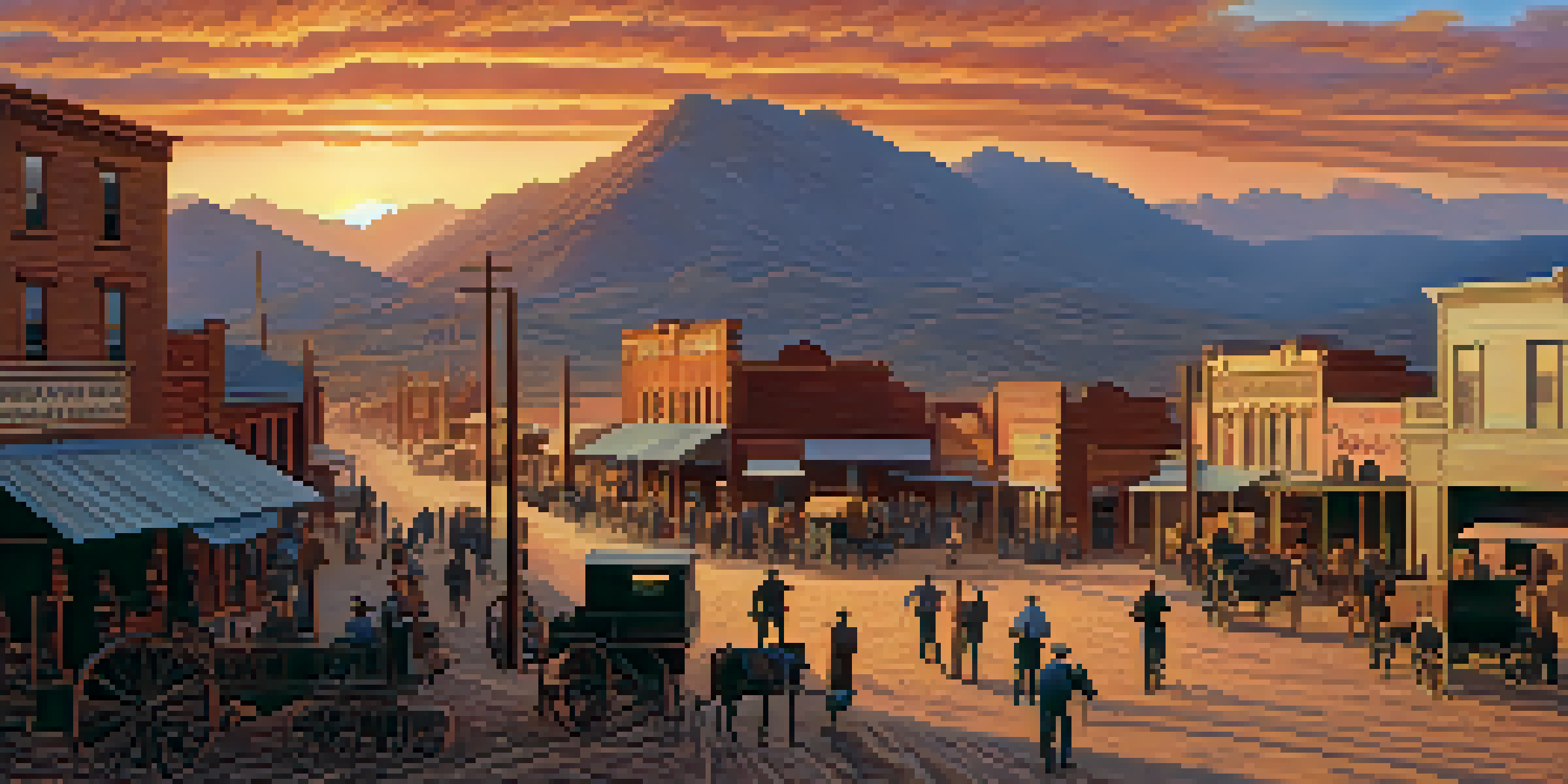 A panoramic view of a historic Arizona mining town with Victorian architecture and a sunset, depicting a bustling market scene with miners and families.