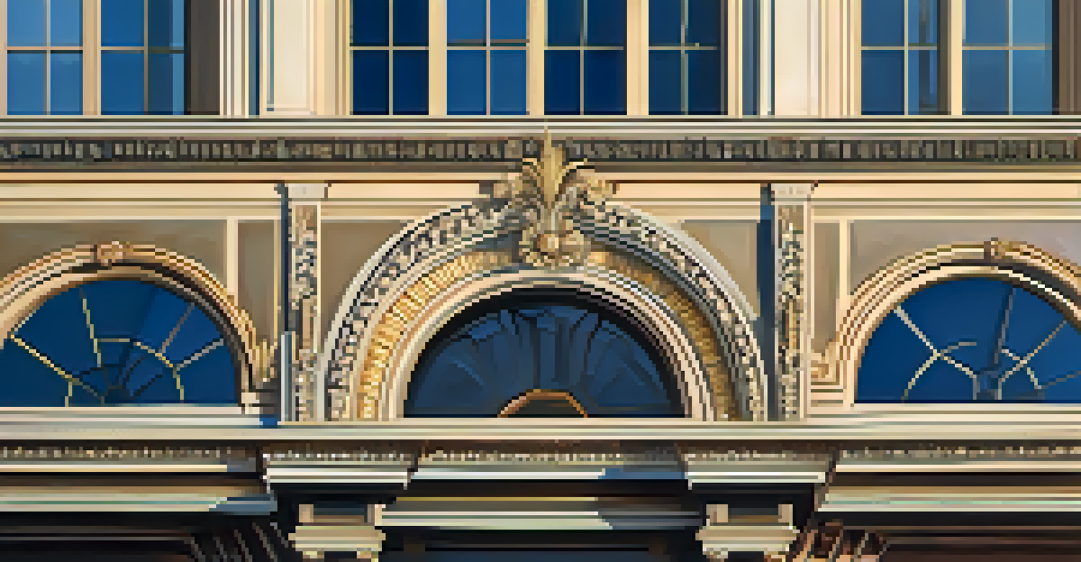 A close-up of a beautifully restored historic building, focusing on intricate architectural details illuminated by golden hour light, showcasing textures and shadows.