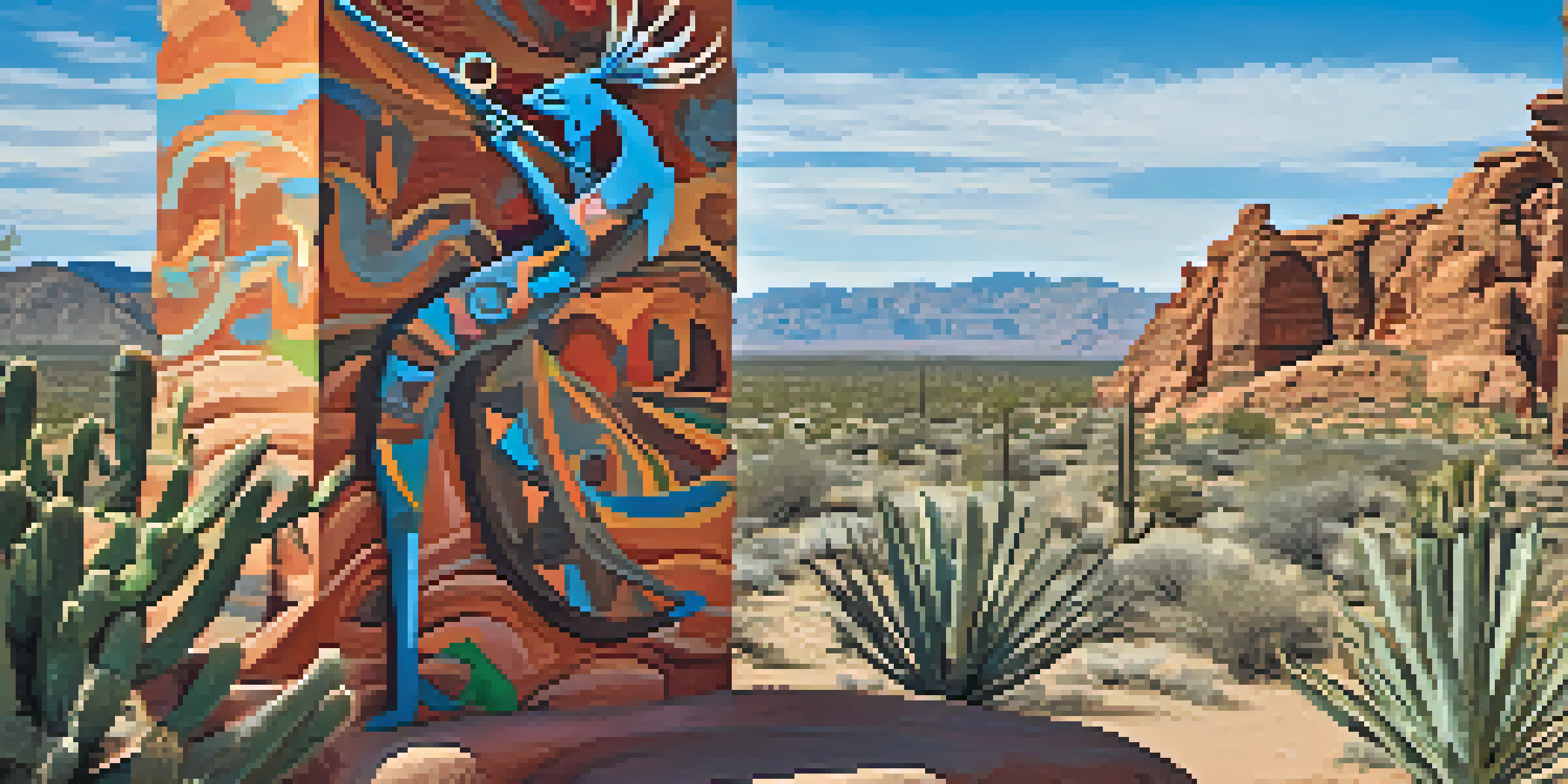 A large and colorful statue of Kokopelli, surrounded by desert scenery and cacti under a bright blue sky.
