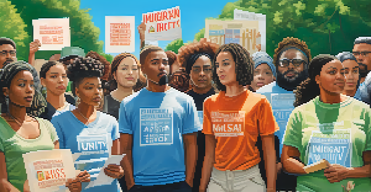 Community activists of various backgrounds gather in a park holding signs for immigrant rights under a clear blue sky.