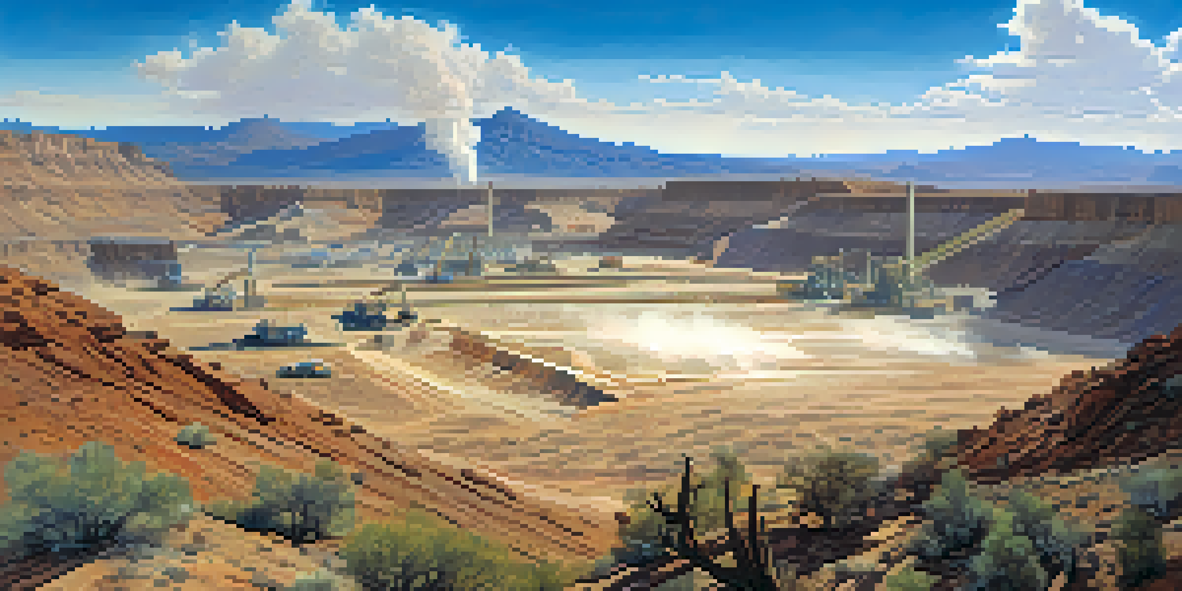 A wide view of a mining area in Arizona, with machinery and dust clouds against a clear blue sky, surrounded by desert plants and mountains.