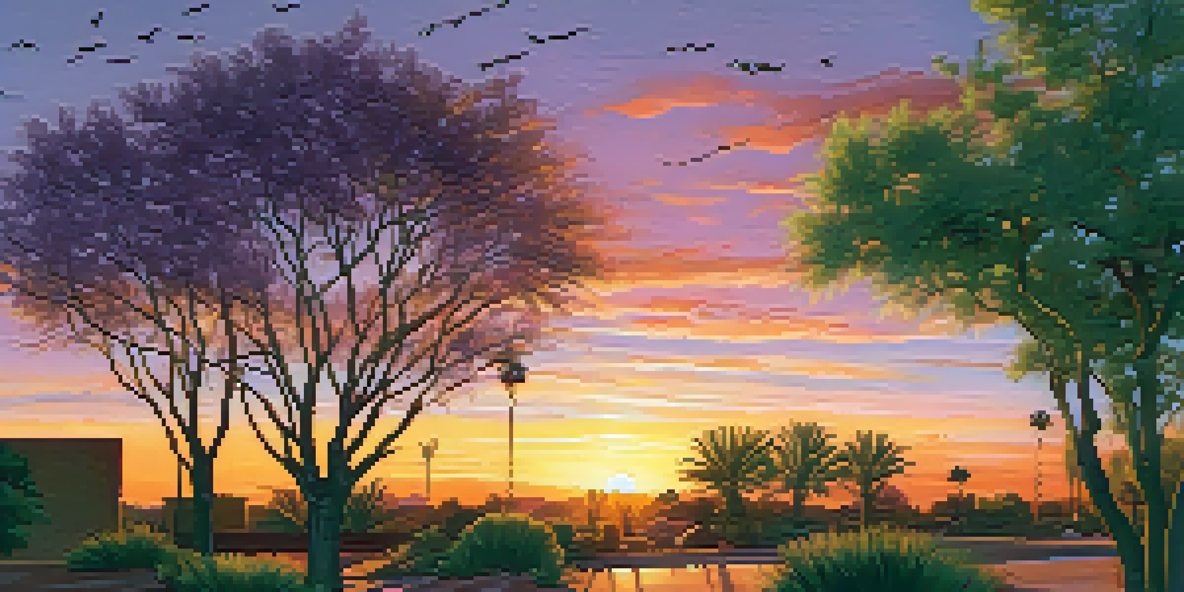 A sunset view of a lush urban park in Phoenix, with colorful skies and birds flying among the trees.