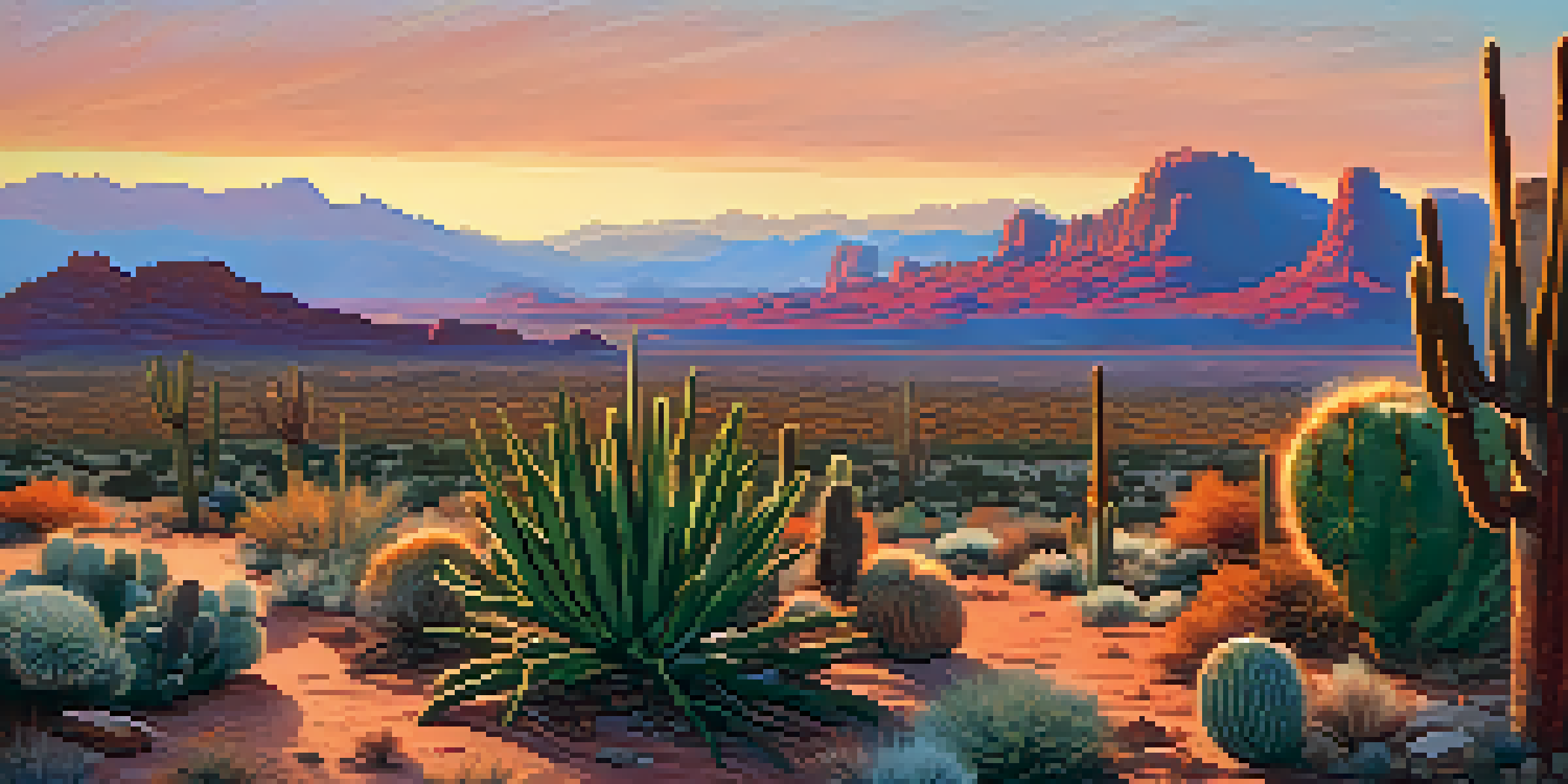 A panoramic view of the Arizona desert at sunrise with colorful skies and rugged terrain.