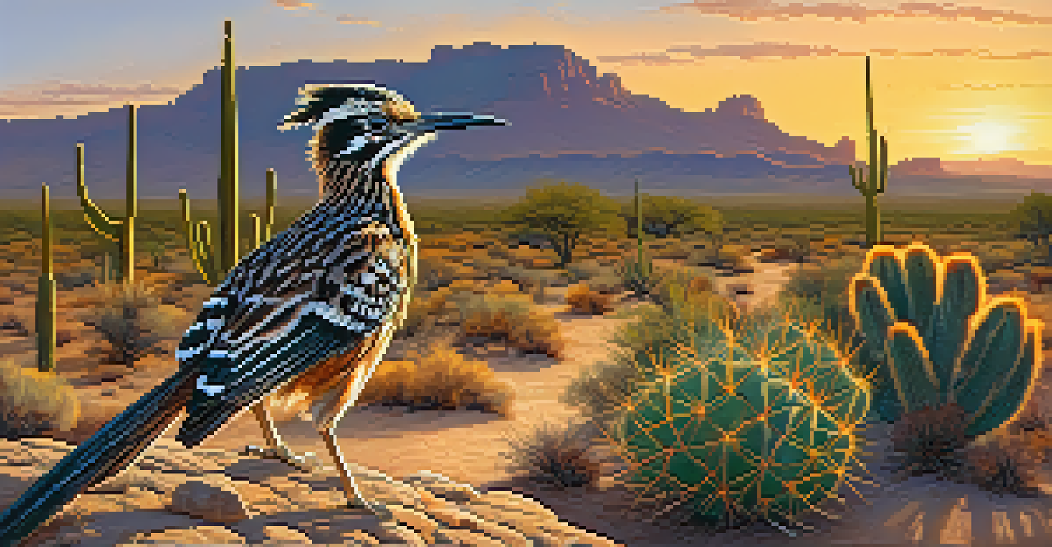 A roadrunner on a rock in the desert with the Organ Pipe Cactus in the background, during a stunning sunset, and a photographer watching quietly.