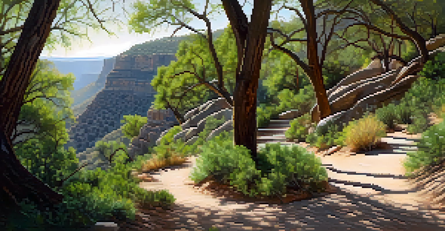 A winding trail in a canyon, surrounded by tall trees and informative signs, with soft light shining through the foliage.