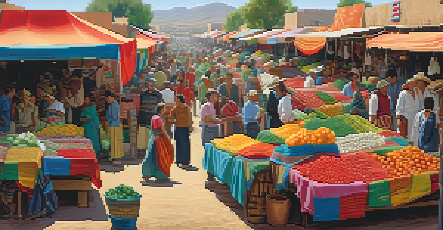 A lively border market scene with colorful stalls, diverse customers, and flags of Arizona and Mexico.