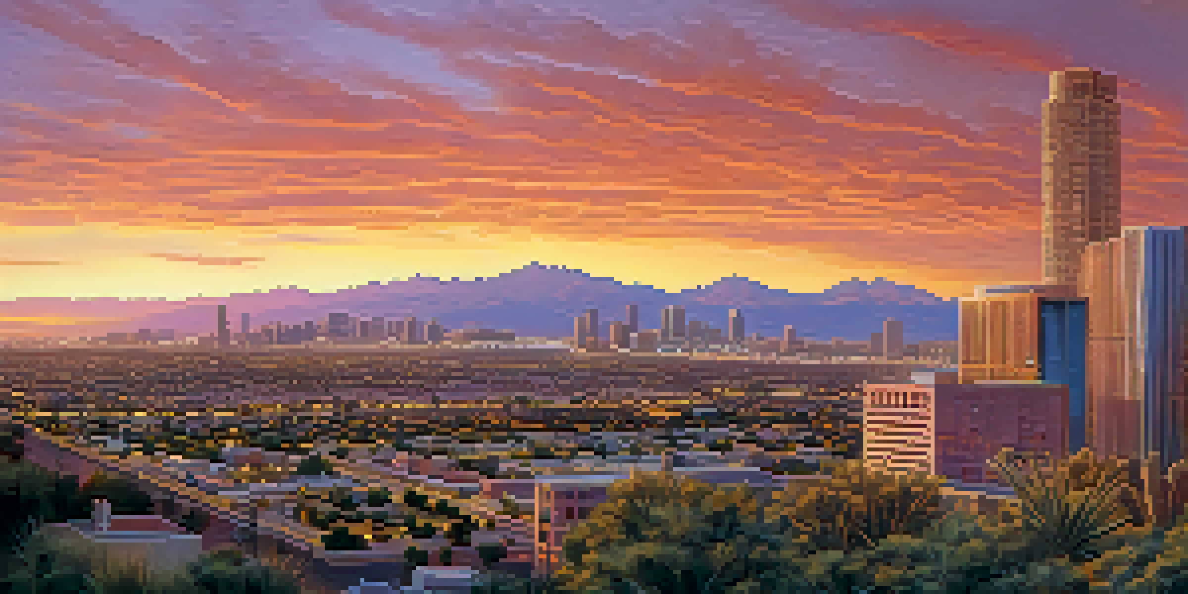 A sunset over an urban landscape in Arizona, showing a city skyline with desert plants in the foreground.