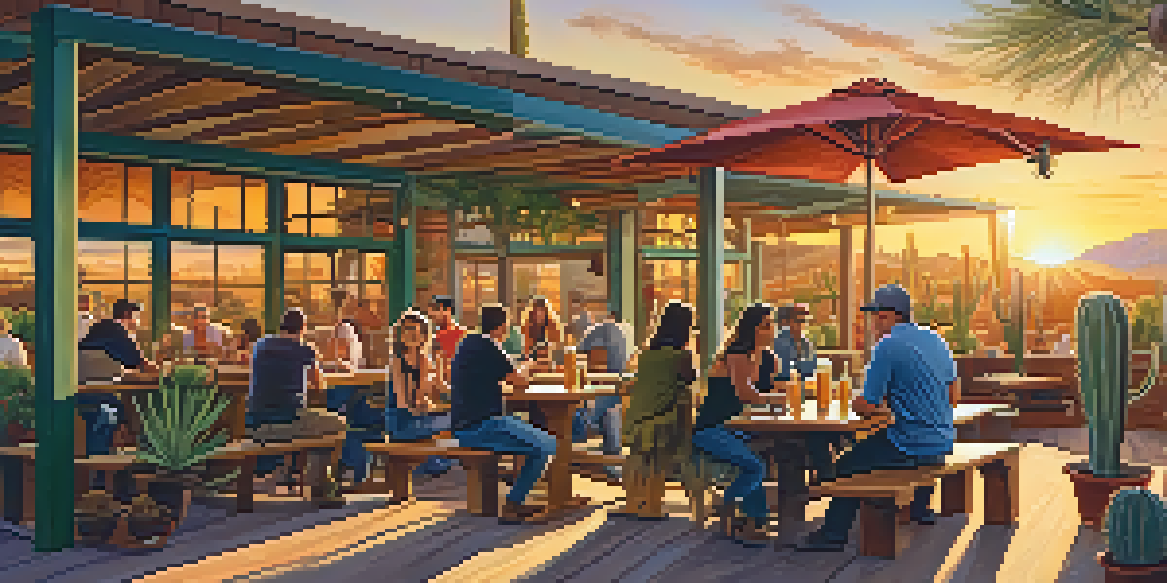 An outdoor patio at a craft brewery in Arizona during sunset, with patrons enjoying beers and desert plants in the background.
