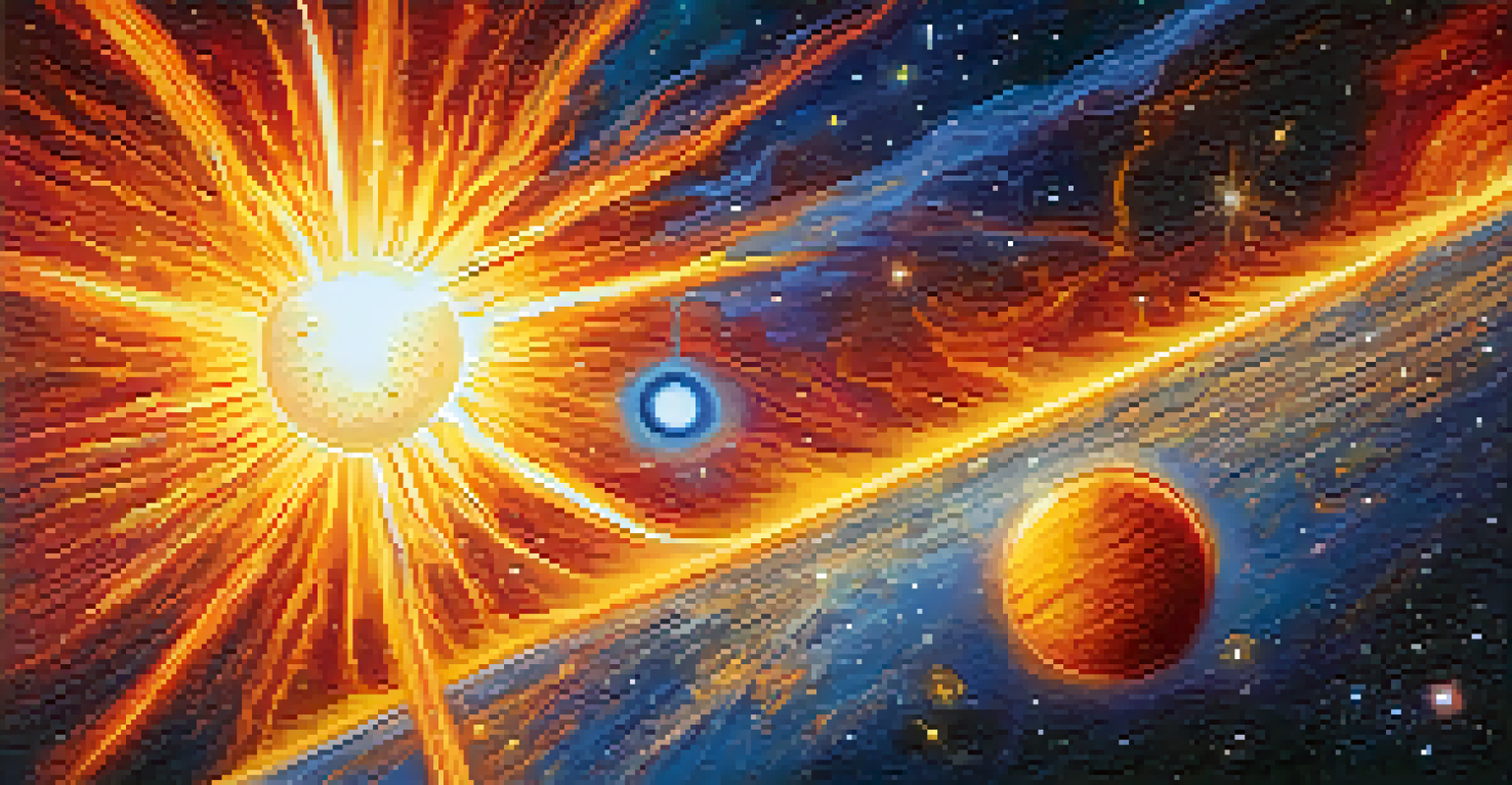 A colorful depiction of the sun with solar flares against a cosmic background, showing its influence on space weather.