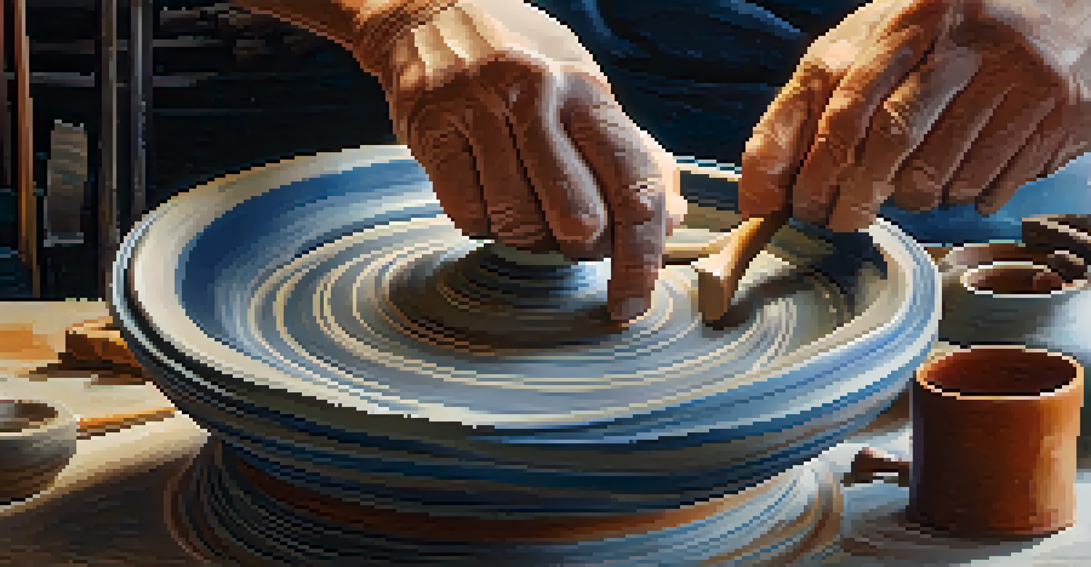 A potter shaping clay on a wheel, with tools and glazes around in a well-lit workspace.