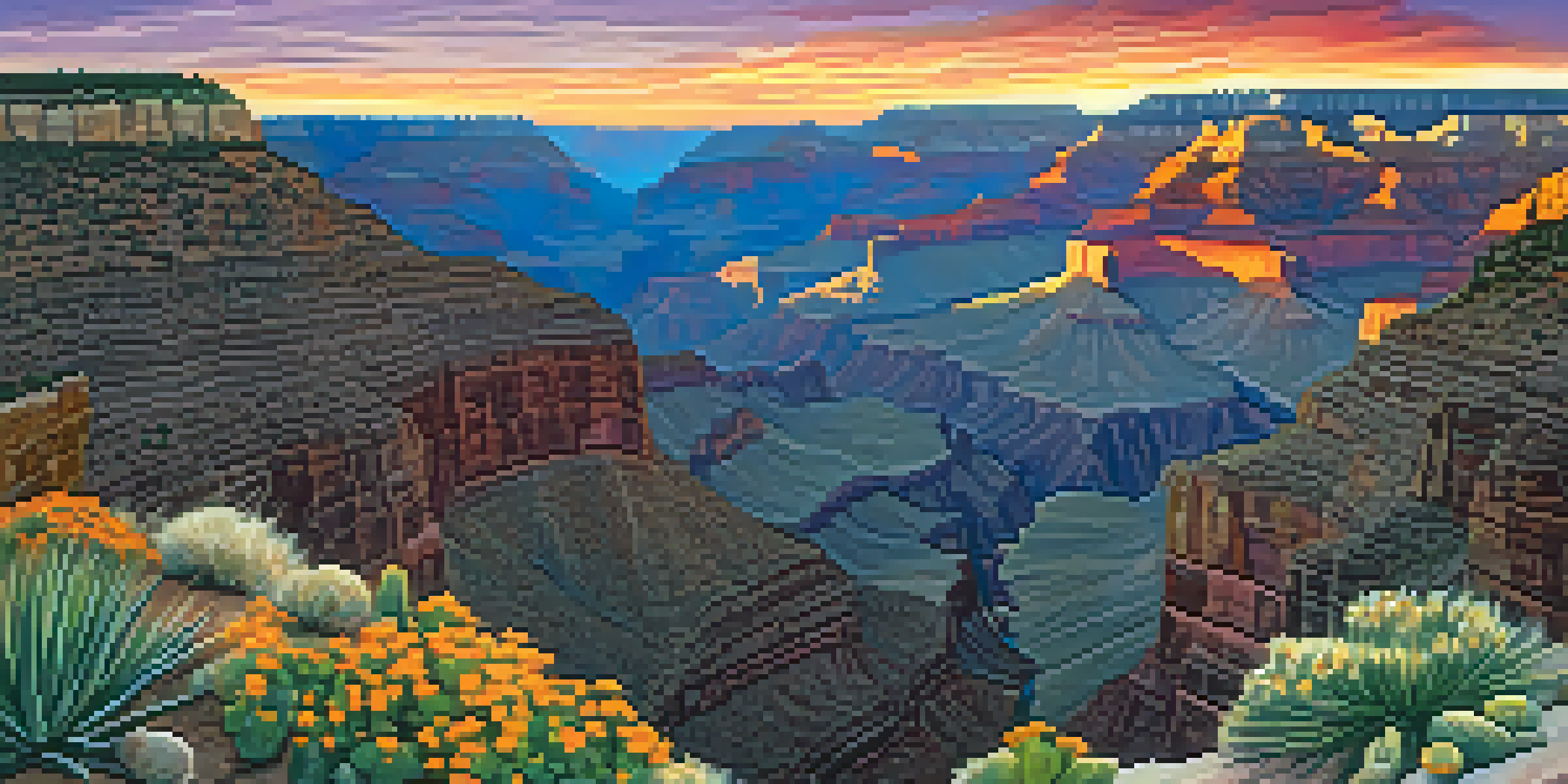 A panoramic view of the Grand Canyon at sunset with vibrant colors and desert plants in the foreground.