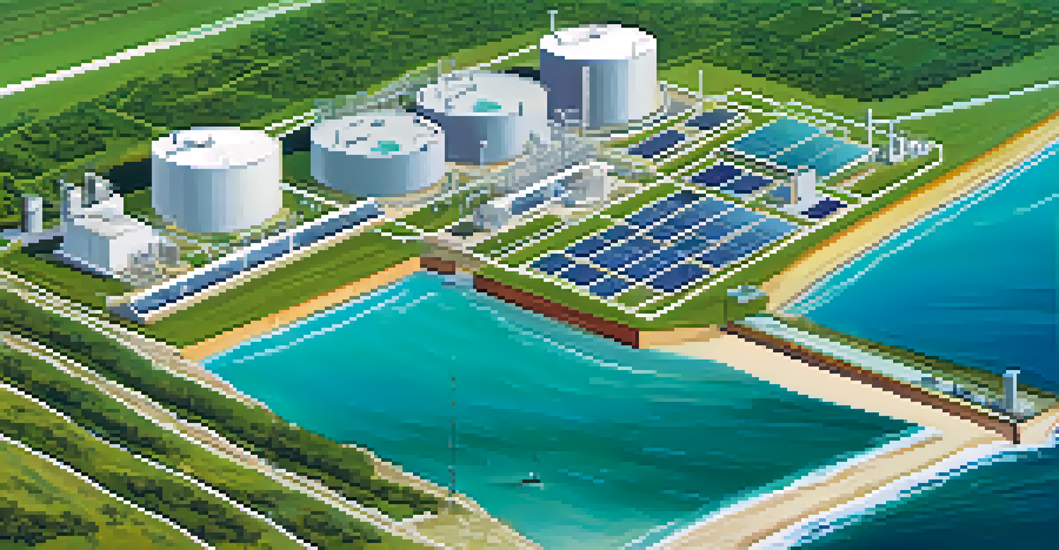 Aerial view of a desalination plant by the ocean with green landscapes and solar panels.