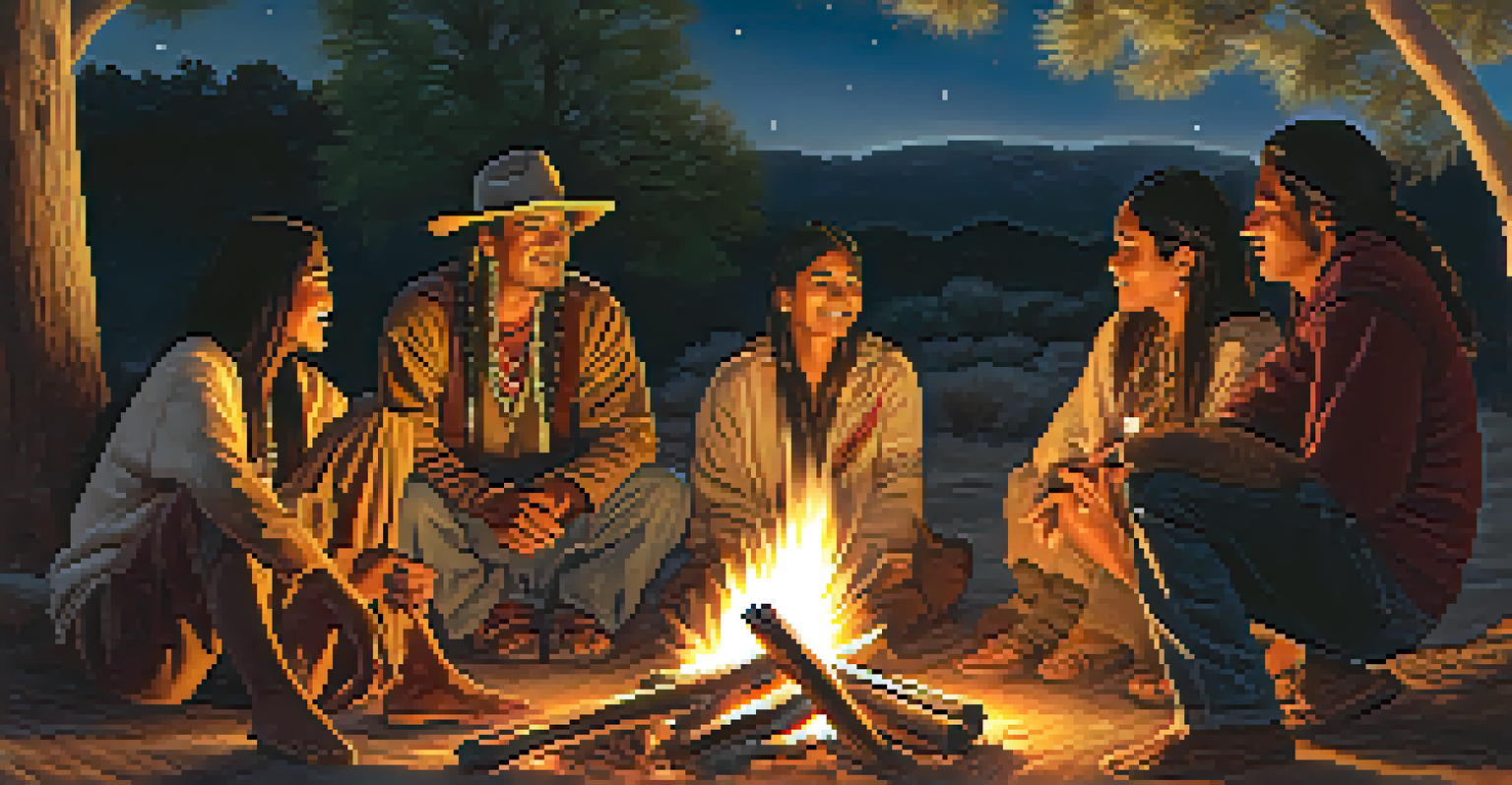 An Apache family around a fire, sharing stories with warm light illuminating their joyful faces against a starry night sky.